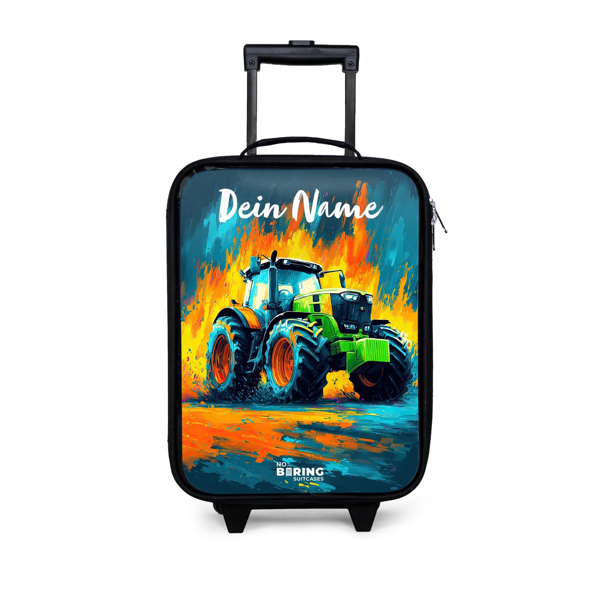 NoBoringSuitcases.com® Kinderkoffer Klein Personalisiert mit Name 48x31x19 cm Rollkoffer Kleiner Kinder Koffer mit LED Rollen Kindertrolley für Kind Traktor - Grün - Abstrakt