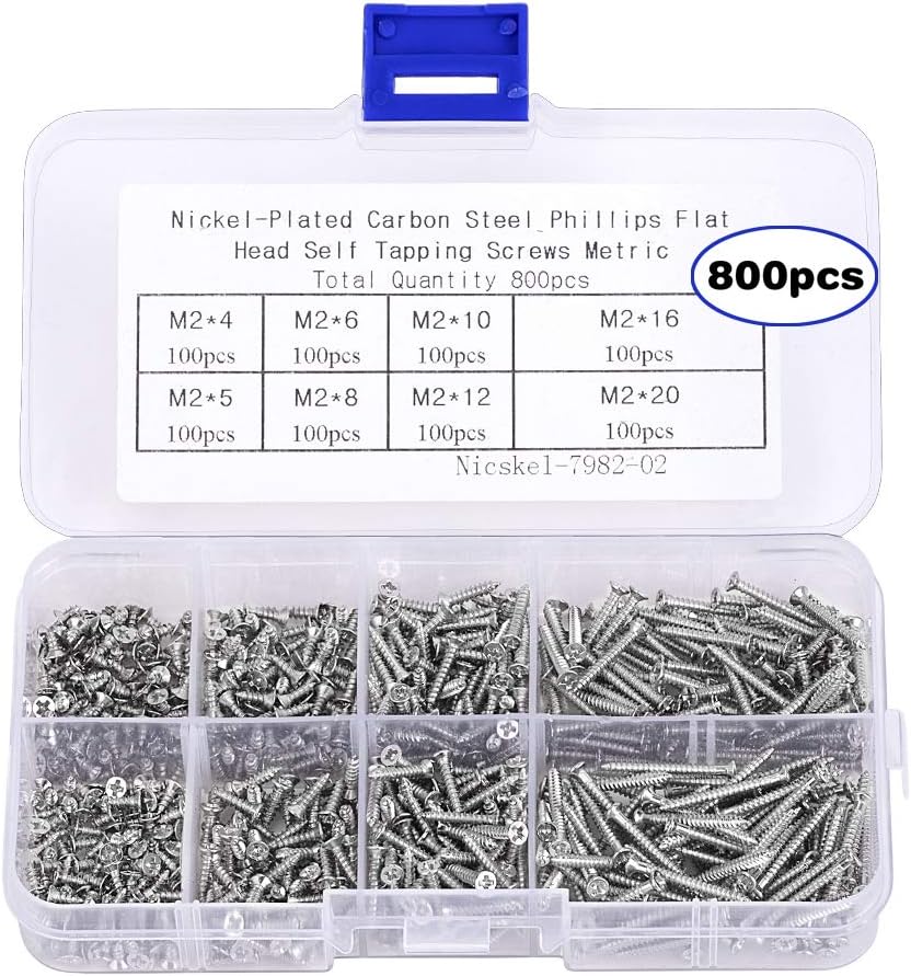 craftsman168 800pcs M2 Cross Drive Flat Head Self Tapping Screw Assortment Woodworking DIY Carbon Steel Fasteners Screw in a Compartment Box (4mm 5mm 6mm 8mm 10mm 12mm 16mm 20 mm)