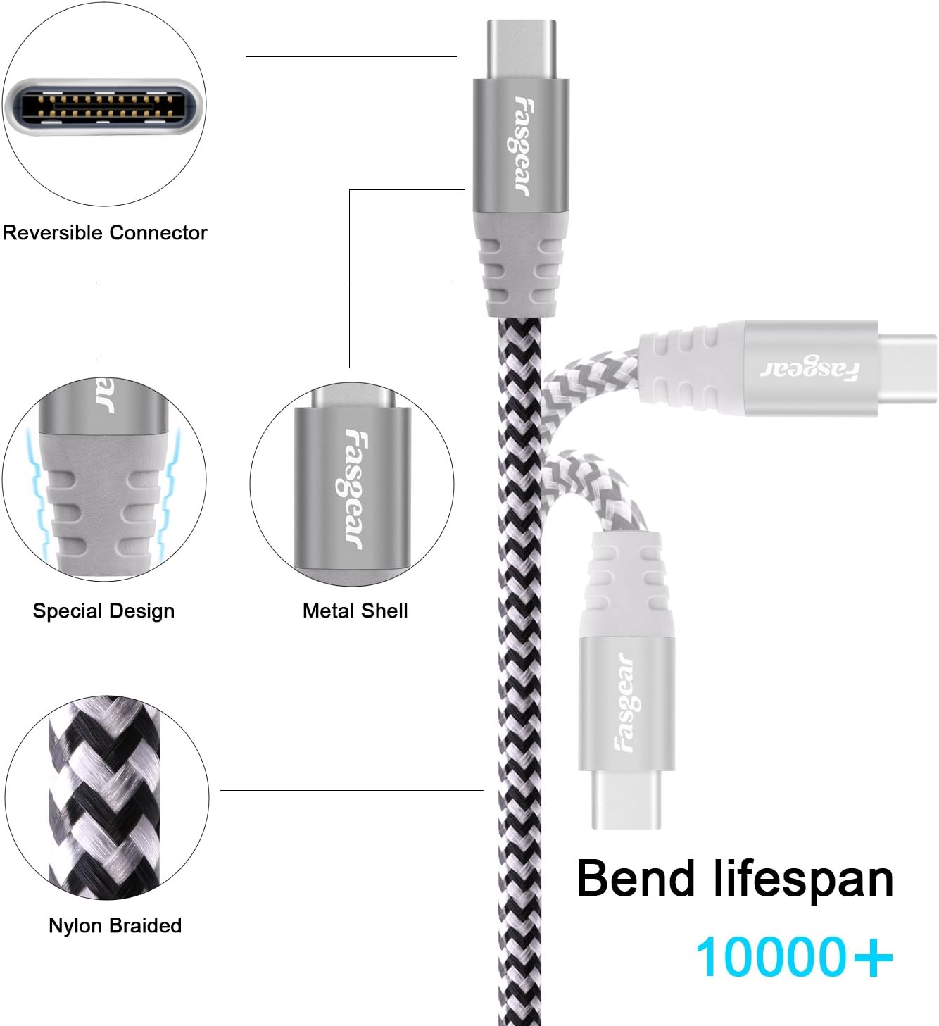 Fasgear USB C to Micro USB Cable 1m Nylon Braided Type C to Micro USB Cord Compatible with Galaxy S7/S6, HTC One/10 and More (Gray, 3ft)