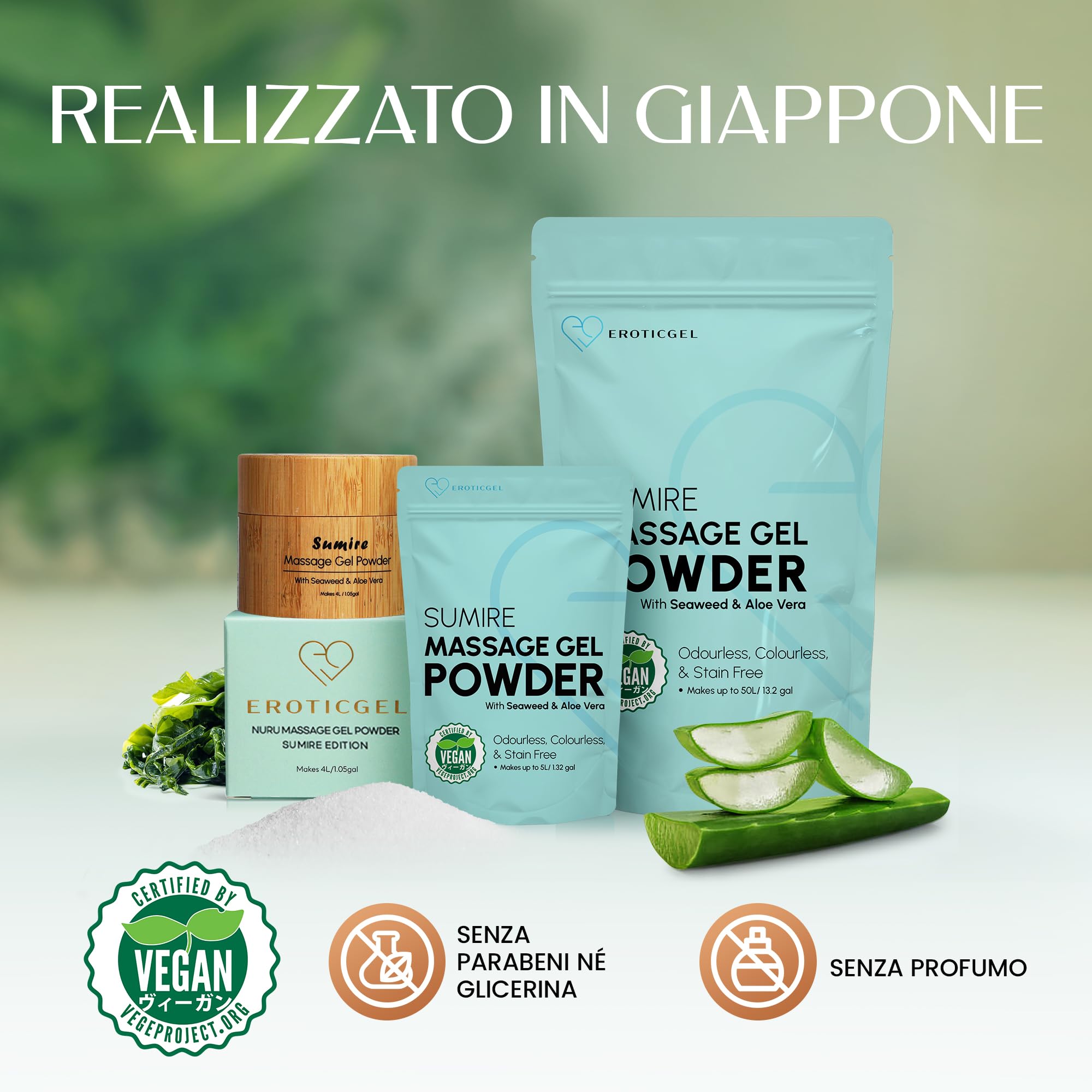 Polvere Gel da Massaggio Nuru Edizione Sumire 500g, Alga Nori e Aloe Vera, Uso Professionale, Stile Giapponese, Vegano, Senza Profumo, Base Acqua, Resa fino a 50 Litri