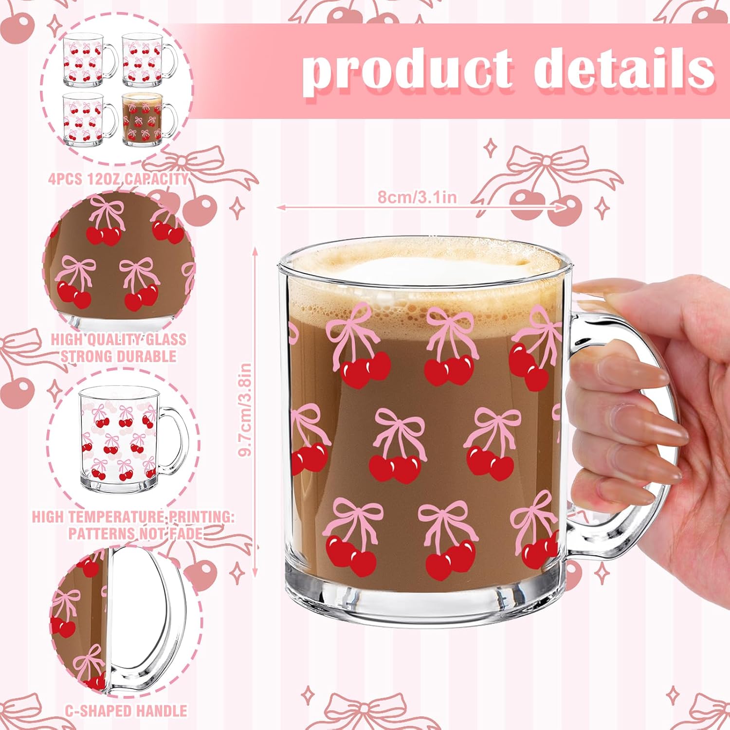 Whaline 4Pcs Pink Bow Cherry Glass Coffee Mugs with Handle Coquette Bowknot Aesthetic Coffee Cups Beverage Mugs for Hot Cold Drinks Water Tea Milk - Image 2