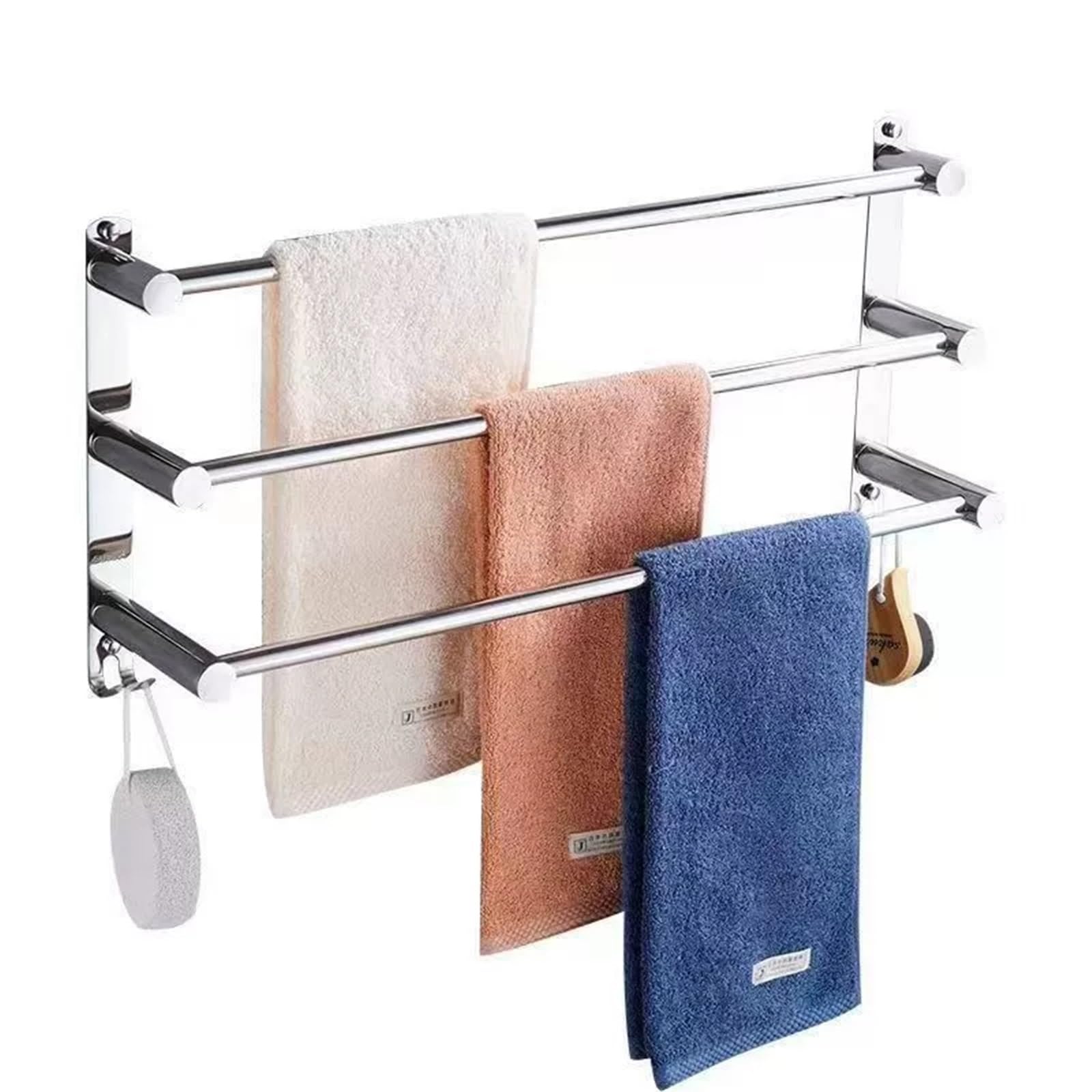 304 Stainless Steel Towel Bar With Hooks, Rail Wall Mounted 70Cm No Drilling Rack Rustproof Holder For Bathroom Kitchen(Triple Bar,60cm)