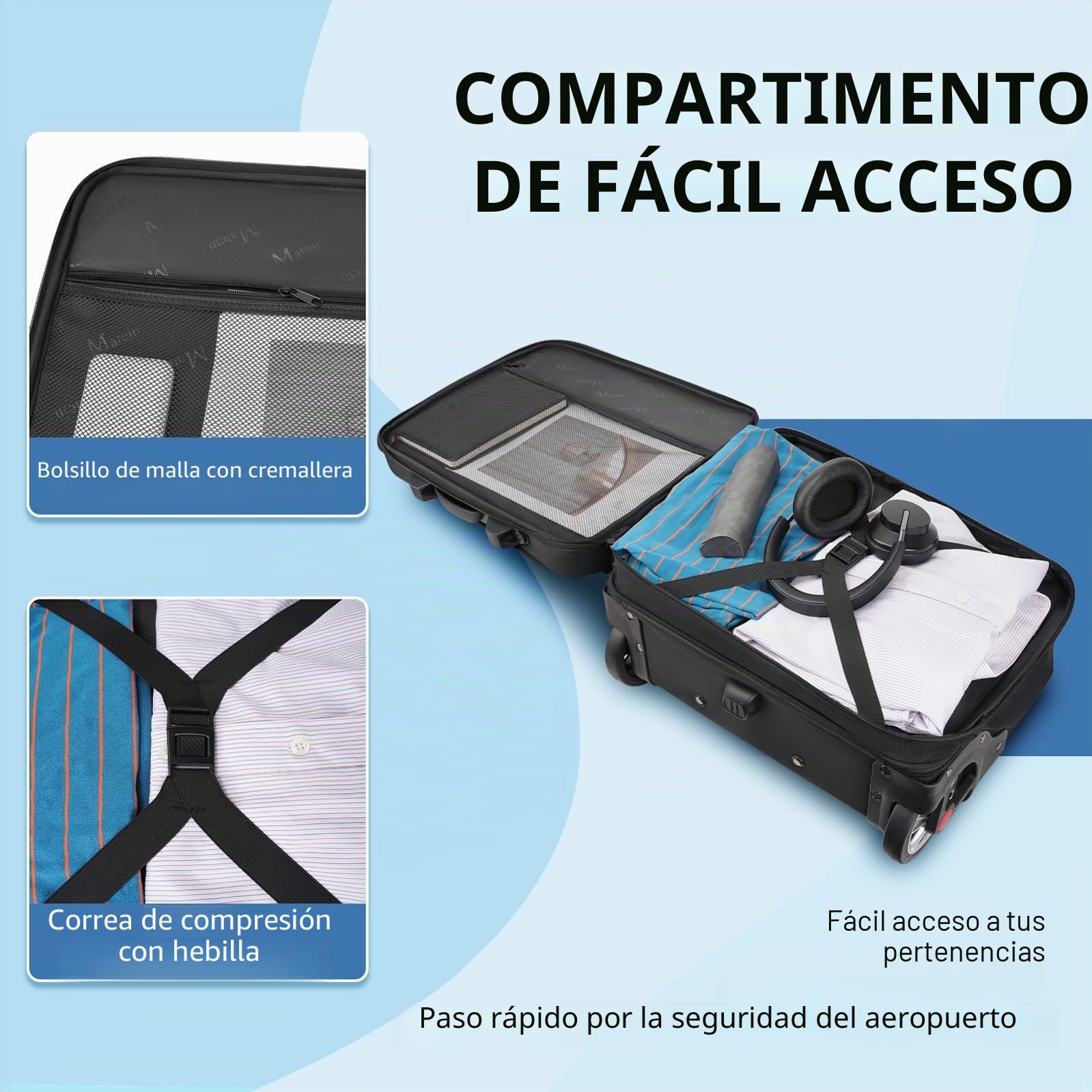 MATEIN Maletin con Ruedas Portatil 17 Pulgadas, Trolley con Ruedas Viaje Grande Silenciosas Resistentes al Desgaste Almacenamiento con Múltiples Compartimentos para Viajes de Negocios, Trabajo, Negro