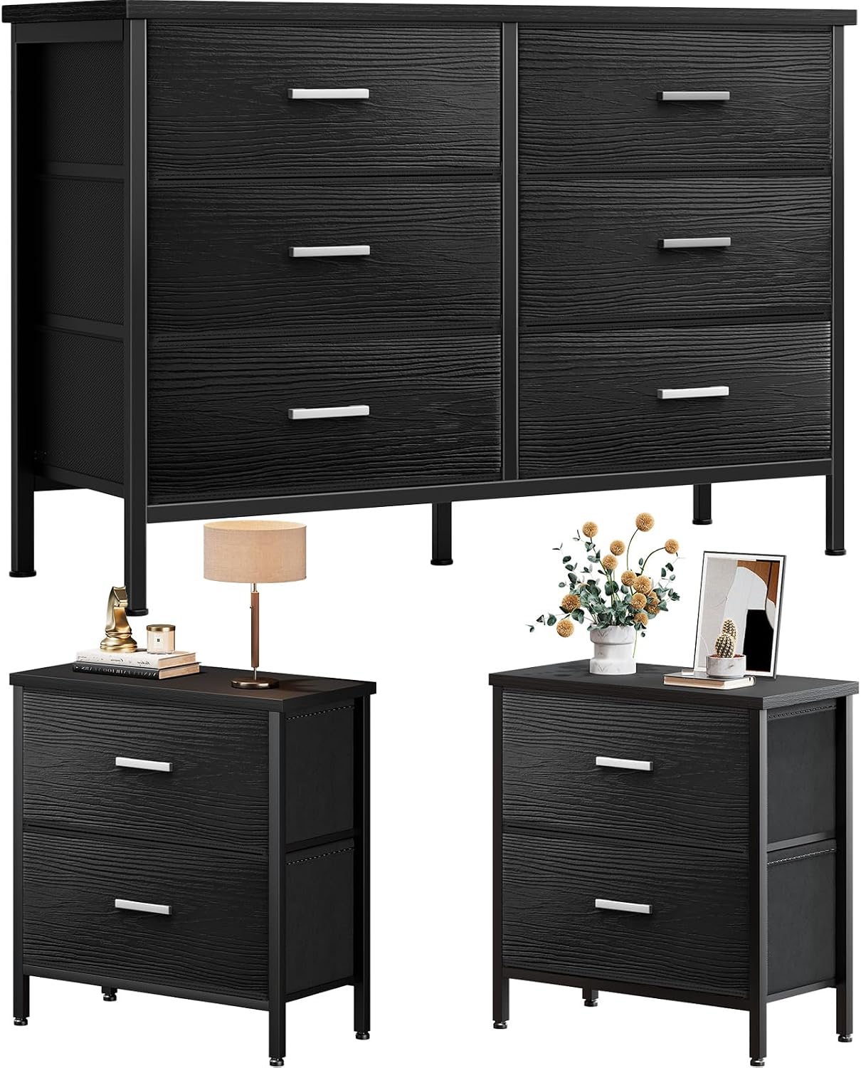 KAI-ROAD 3-Piece Black Bedroom Set: Dresser and 2 Nightstands with 6 Fabric Drawers