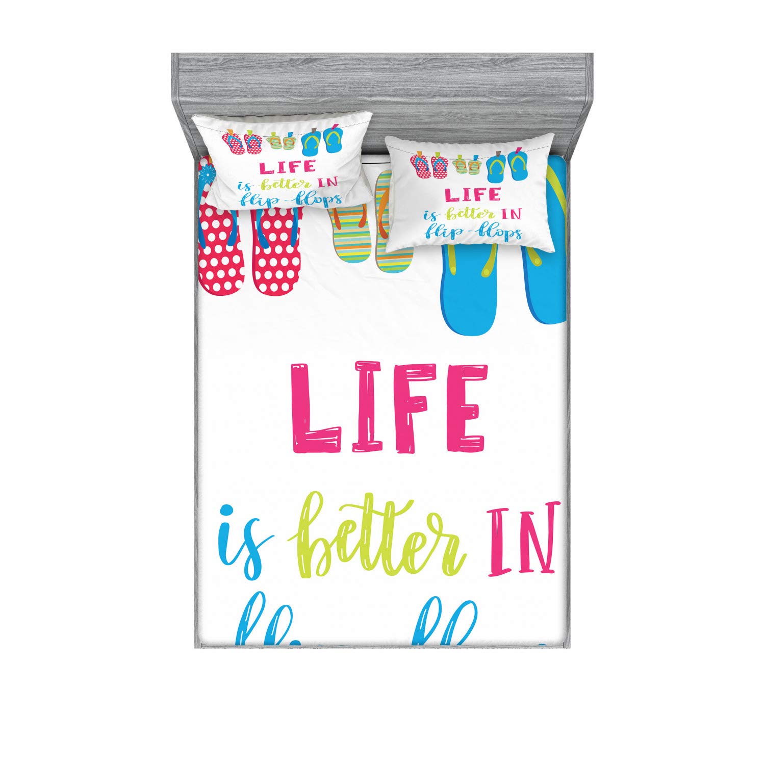Ambesonne Summer Fitted Sheet & Pillow Sham Set, Life is Better in Flip Flops Message with Polka Dotted and Striped Hanging Slippers, Decorative Printed 3 Piece Bedding Decor Set, King, White