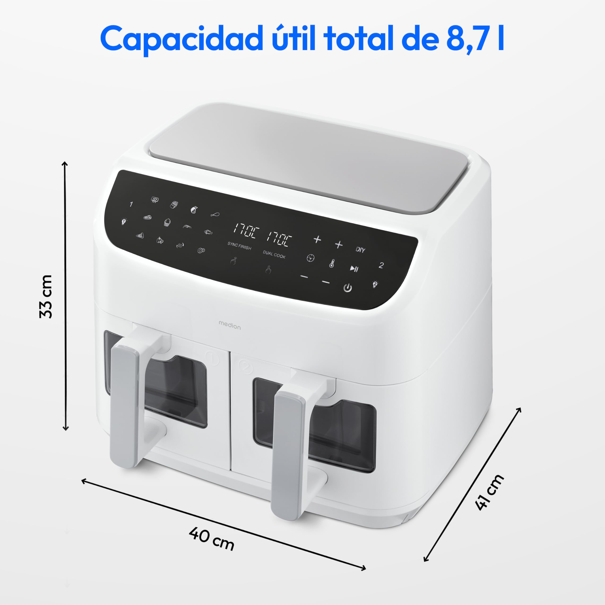 MEDION P20 XXL Freidora de Aire Doble Cesta MD11760 Blanco | 8,7 L, 2600 W, 10 Programas, 2 Cajones, Ventana, Air Fryer Dual XXL