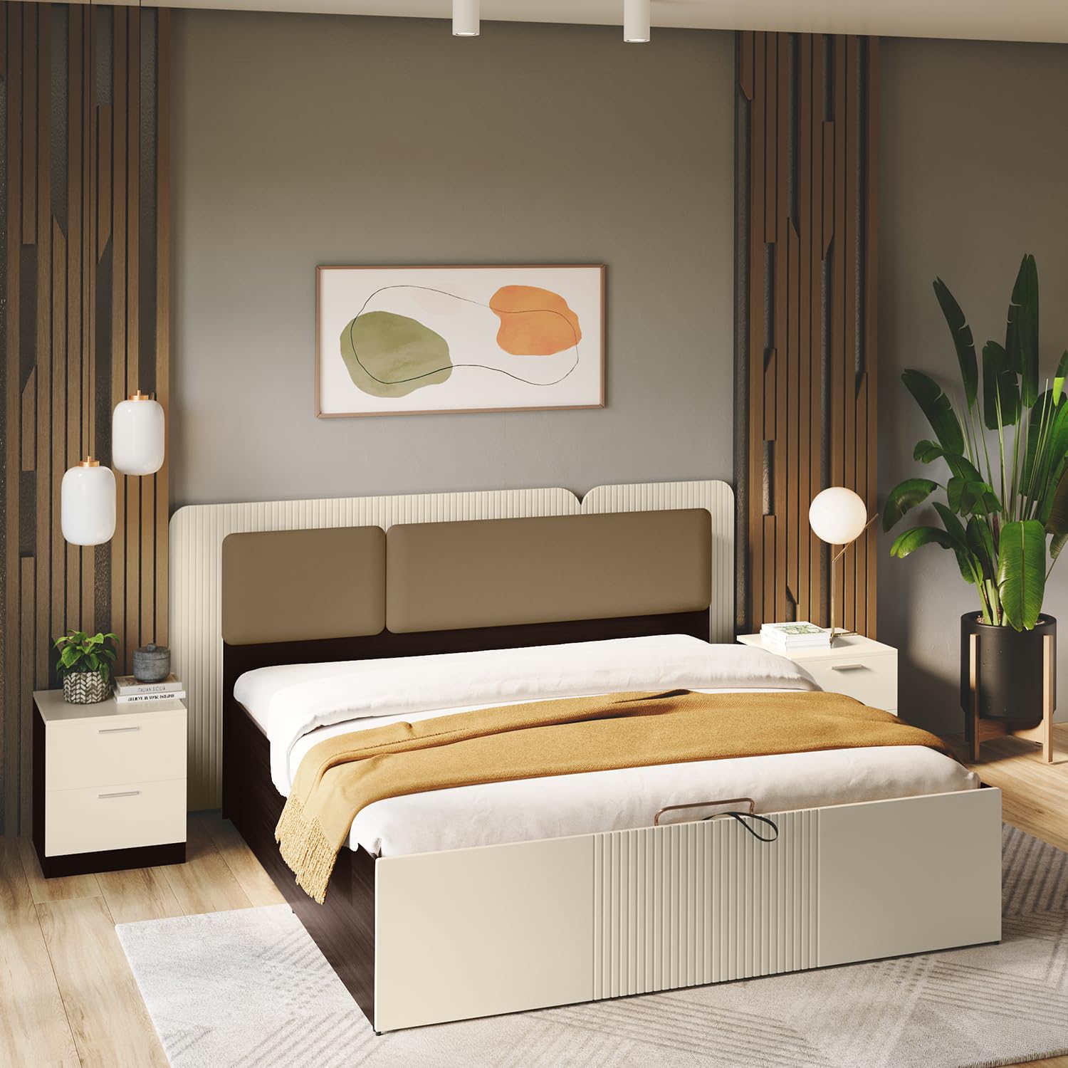 Interio by Godrej Upmods Elemy King Size Engineered Wood Bed with Upholstered LED Headboard and Eco-Lift Up Hydraulic Storage 1-Year Warranty, Cinnamon, Particle Board-image-15
