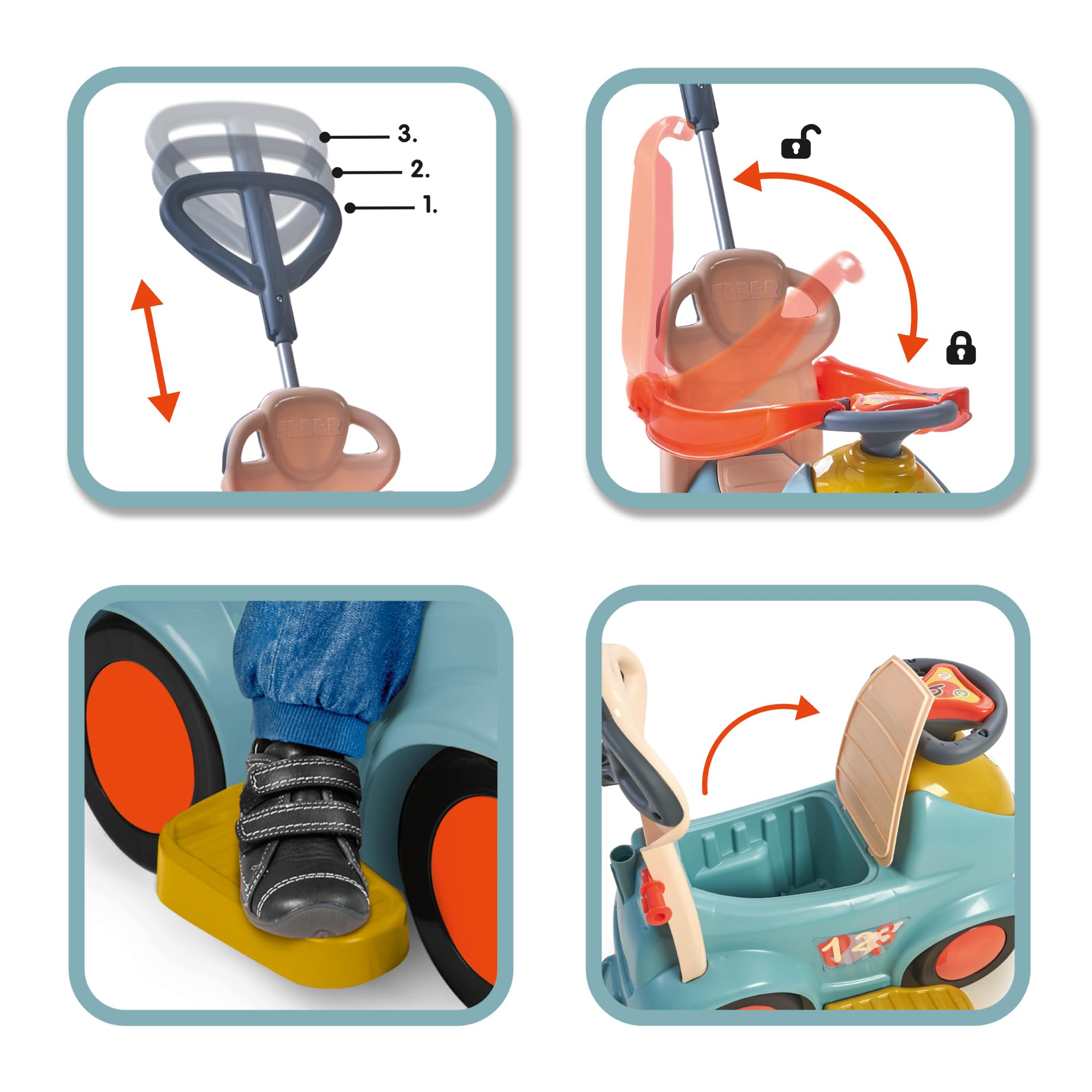 FEBER Motofeber Casual 3 in 1 Push N'Go, Correpasillo, Carrito de Empuje y Andador, Asa Regulable 3 Posiciones, Maletero para Juguetes, Reposapiés Cómodo, Uso Interior y Exterior, Famosa (FED31000)