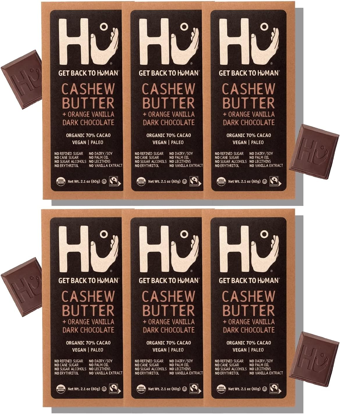 Hu Chocolate Bars | 6 Pack Cashew Butter & Orange Vanilla | Natural Organic Vegan, Gluten Free, Paleo, Non GMO, Fair Trade Dark Chocolate | 2.1oz Each