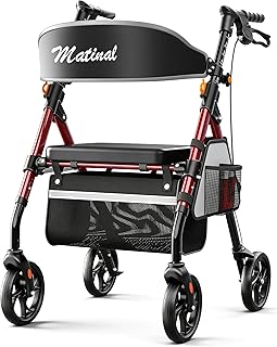 Leichte, Faltbare Rollatoren mit Sitz für Senioren, 158 kg Tragkraft, 20 cm Räder, 45 cm Großer Sitz, 6-fach Höhenverstellbar, Ultraleichter Aluminiumrahmen (Rot)