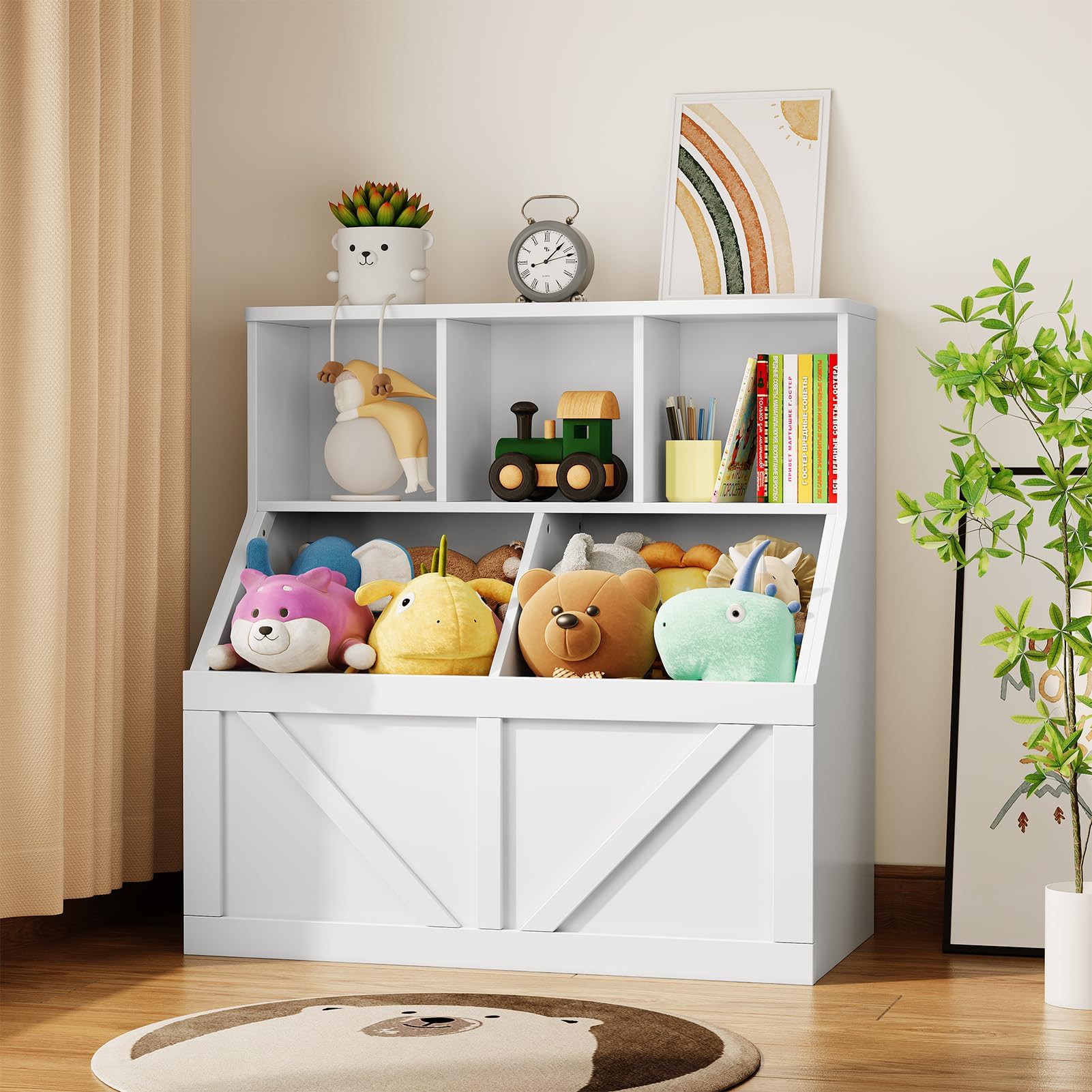 IDEALHOUSE 2er-Set Kinder-Bücherregal Mit Spielzeugaufbewahrung - Holz-Organizer Mit Offenen Cubby-Fächern Und Stoffboxen Fürs Kinderzimmer, Spielzimmer Und Kita