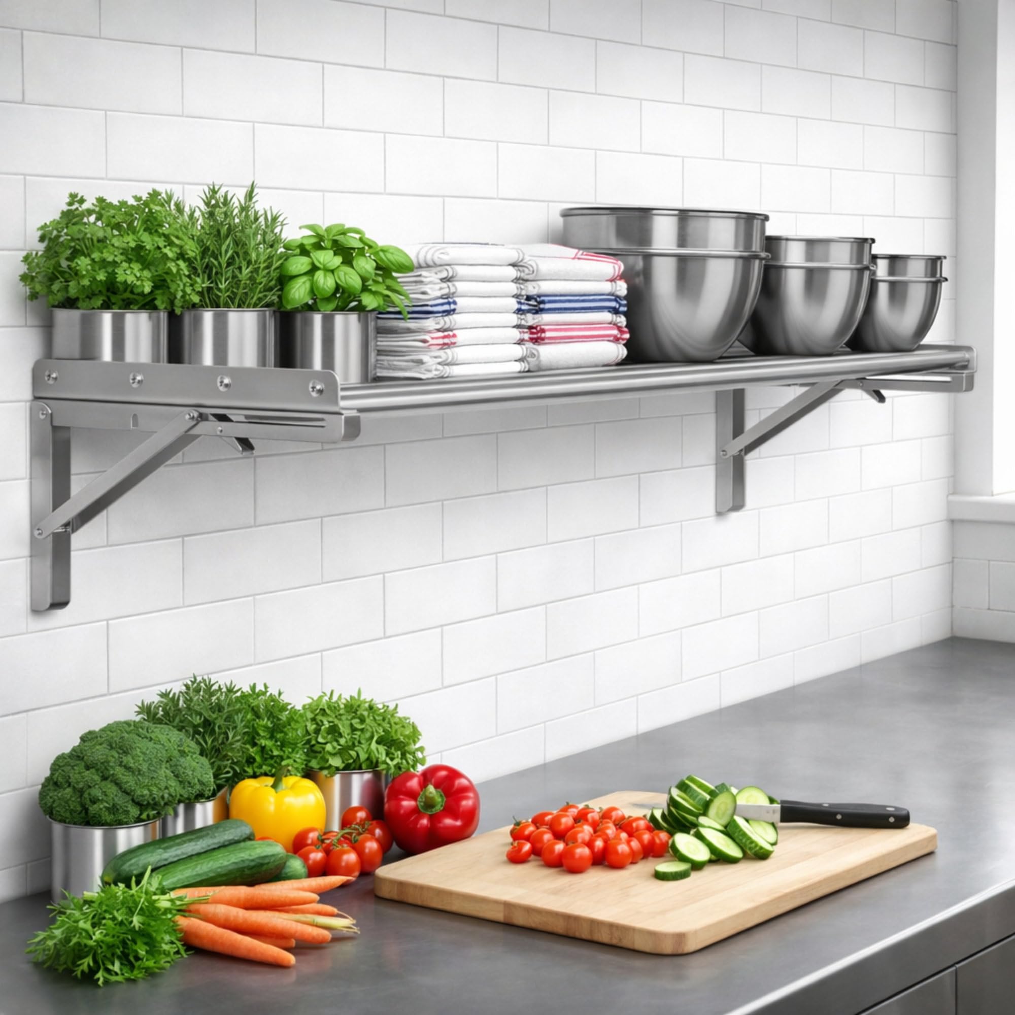 Mahlzeit Mensola da parete in acciaio inox, design asta, 120 x 30 cm, pieghevole, argento, in acciaio inox, montaggio a parete, per cucina, cucina, mensola da parete, mensola da parete per la