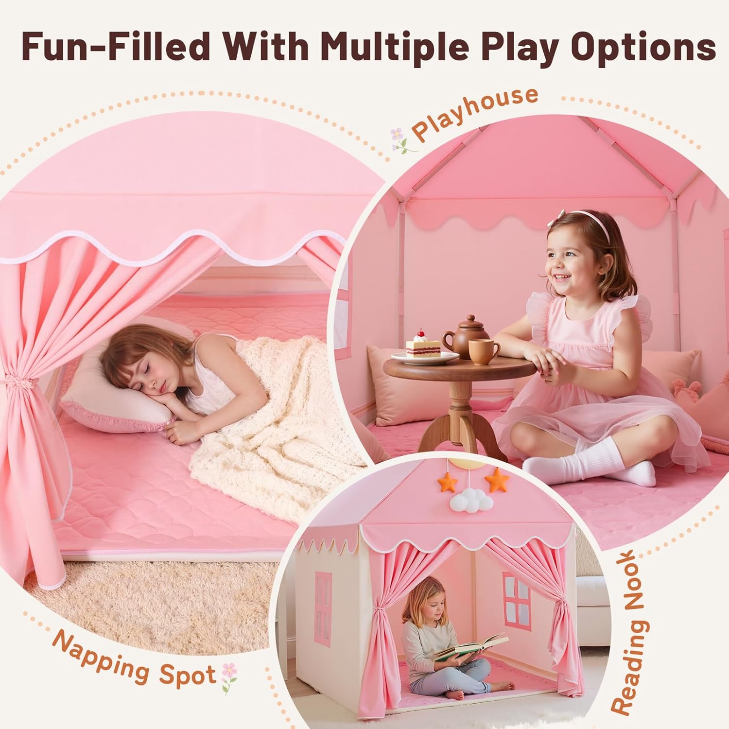 SISTICKER Kids Play Tents for Girls Large Fairy Playhouse for Kids Princess Castle Tent Gift Toys for Girl Toddler Children Play House (Pink) (Pink Tent) - Image 3