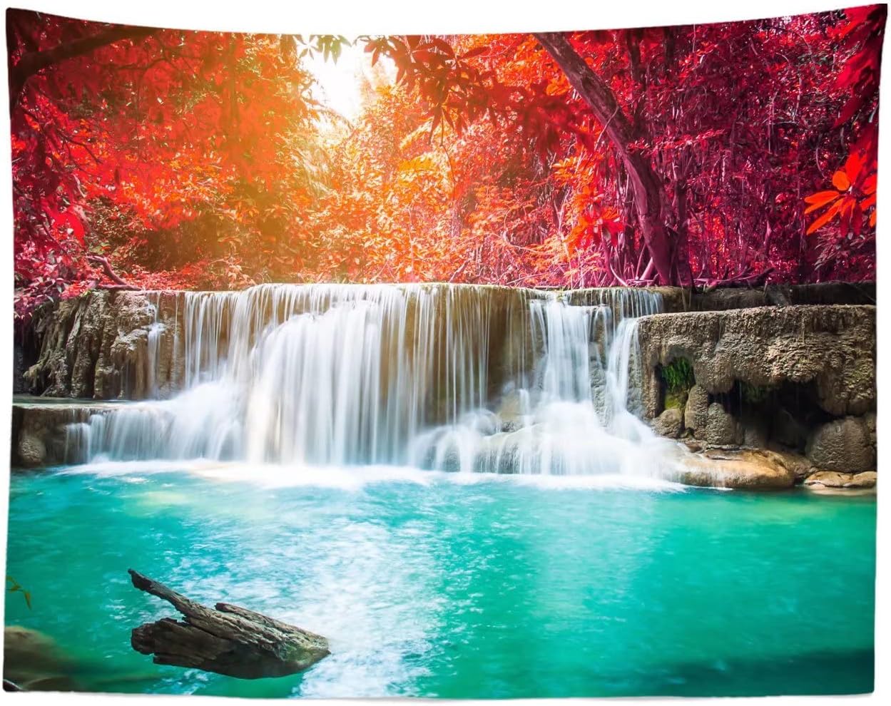 BELECO Waterfall Tapestry Backdrop Spring Autumn Red Maple Forest Landscape Tapestry Wall Haning Green Lake River Natural Scenery Photo Background Bedroom Living Room Dorm Decor