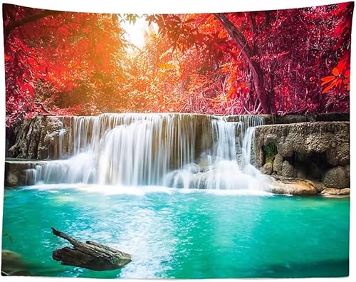 Miniatura 7 de BELECO Tapiz de cascada de jardín forestal para colgar en la pared, rocas de montaña, paisaje de agua que fluye, plantas verdes, árboles, hermoso