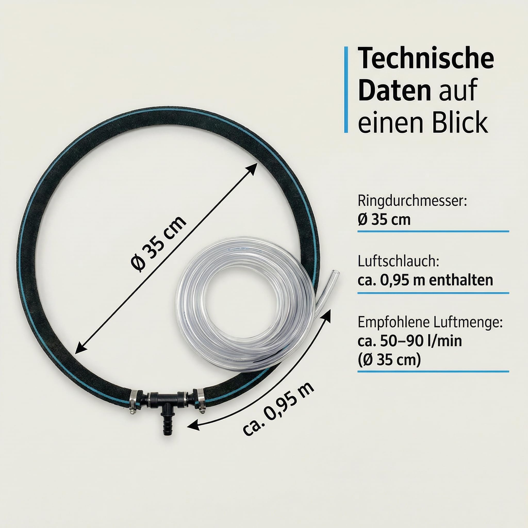 Pondlife Japan Belüfterring Ø 35 cm, Teichbelüfterring für Koi-Teich, selbstsinkender Teich-Luftausströmer mit feiner Perlung, inkl. Luftschlauch ca. 0,95 m, für Filterkammern/Schwebebett
