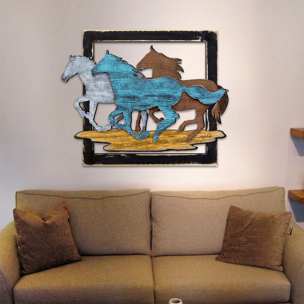 Wild Stallions in Frame Rustic Wooden Art