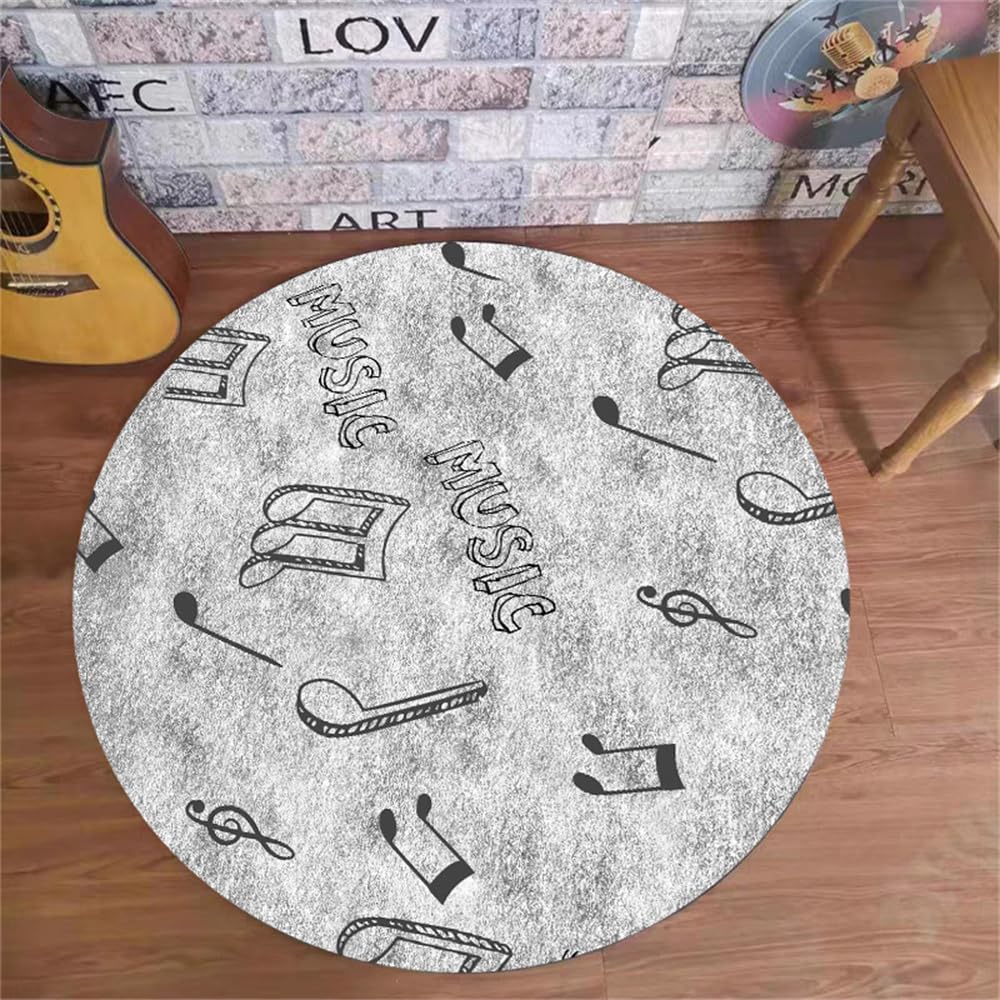 Tapis rond salon moderne motif musical gris 120cm Highdi antidérapant