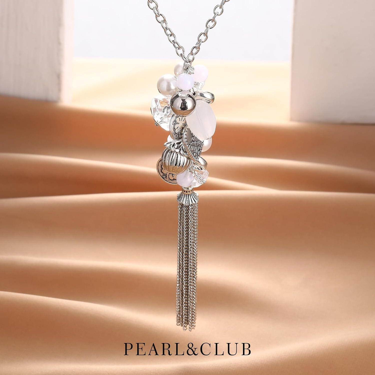 PEARL&CLUB Silver Long Tassel Necklaces for Women Boho Chain Necklace with Tassel Beaded Pendant Silver Fashion Jewelry Gifts for Women - Image 2