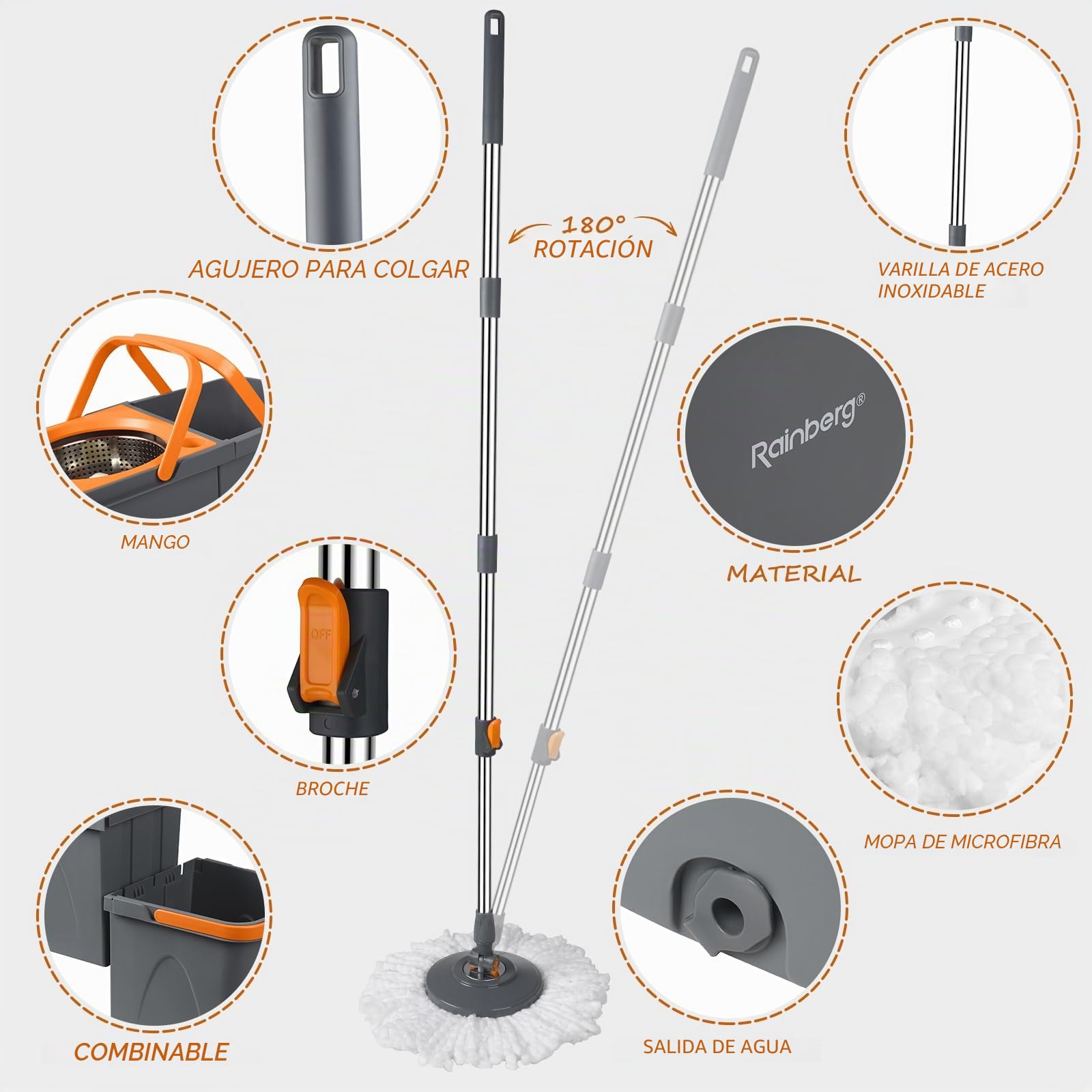 Rainberg Juego de fregona giratoria y Cubo con 3 Cabezales adicionales, Mango Extensible de 130 cm, Cabezales de Microfibra Lavables a máquina, Sistema de autoescurrido, Gris y Naranja (Juego de