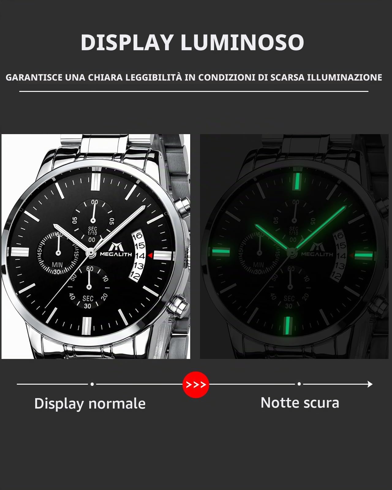 MEGALITH Orologio Uomo Acciaio Cronografo: Impermeabile Orologi da Polso Analogico Luminoso Data - Elegante Regali da Uomo Compleanno e Anniversario per Marito