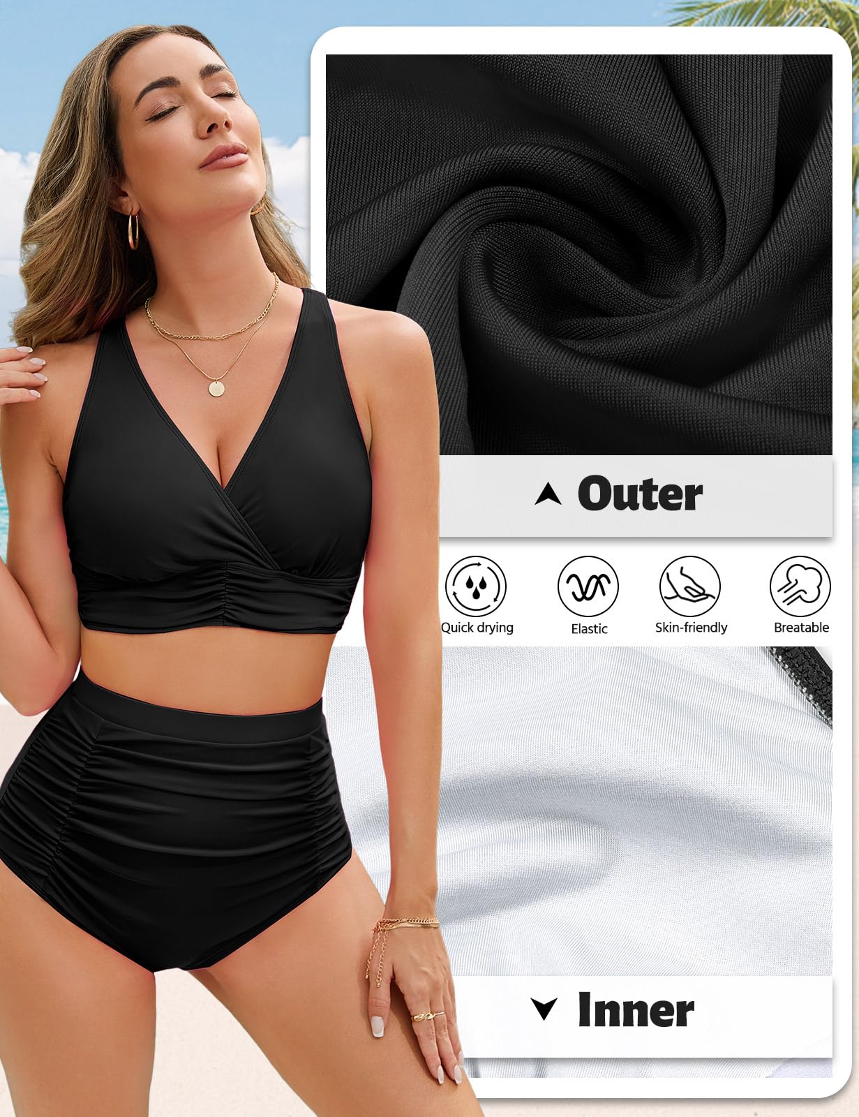 Voqeen Damen Bikini mit hoher Taille Push Up Badeanzug V Ausschnitt überkreuztes Geraffte Badebekleidung mit Bauchansatz Zweiteiliger Bademode
