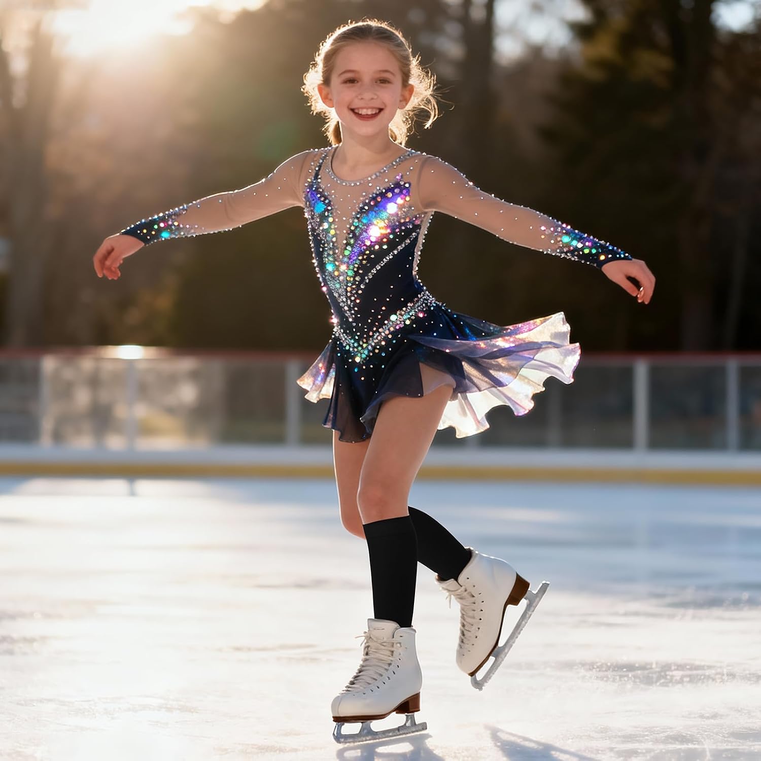 Sucrain 4 Pairs Ice Skating Socks Figure Skating Socks High Tight Knee Nylon Roller Skate Sock for Women Girl