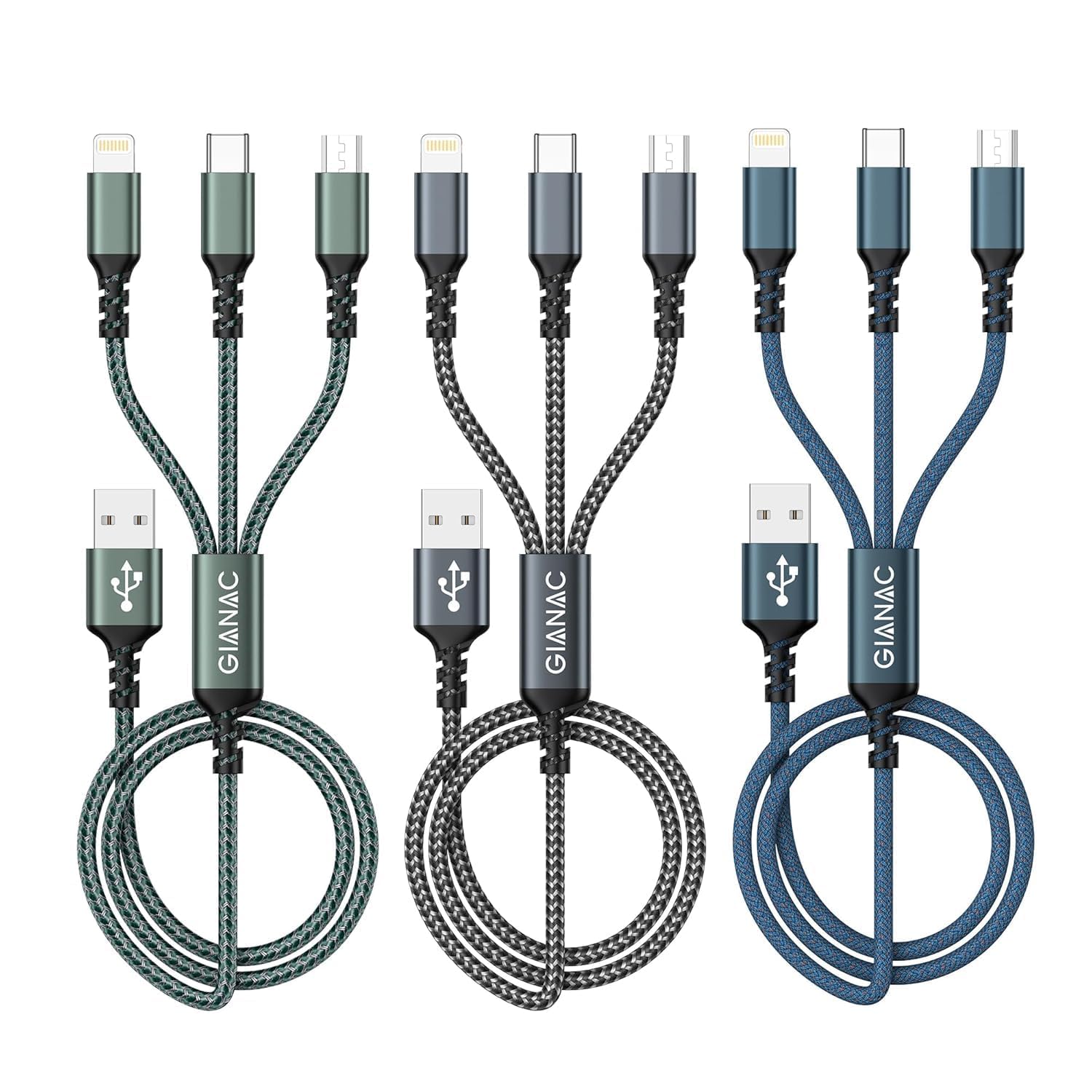 GIANAC Multi Cavo di Ricarica [3pack 2M] 3 in 1 Multiplo Cavetto con Micro USB Tipo C Lightning interfaccia Cavo USB di Ricarica USB per iPhone X/XS/XS,Huawei,Honor,MateBook,Xiaomi