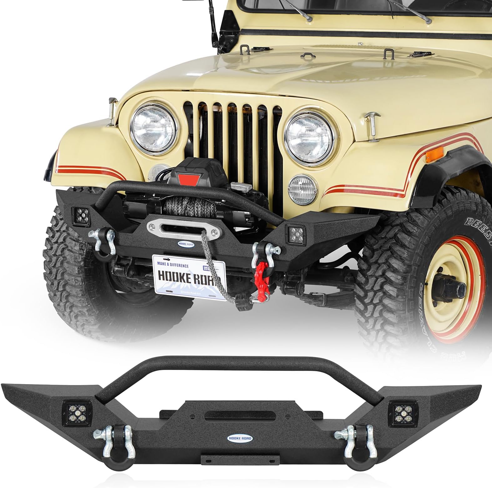 CJ7 Front Bumper w/Winch Plate & LED Spotlights for 1976-1986 Jeep CJ-5 CJ-7 CJ-8 Scrambler