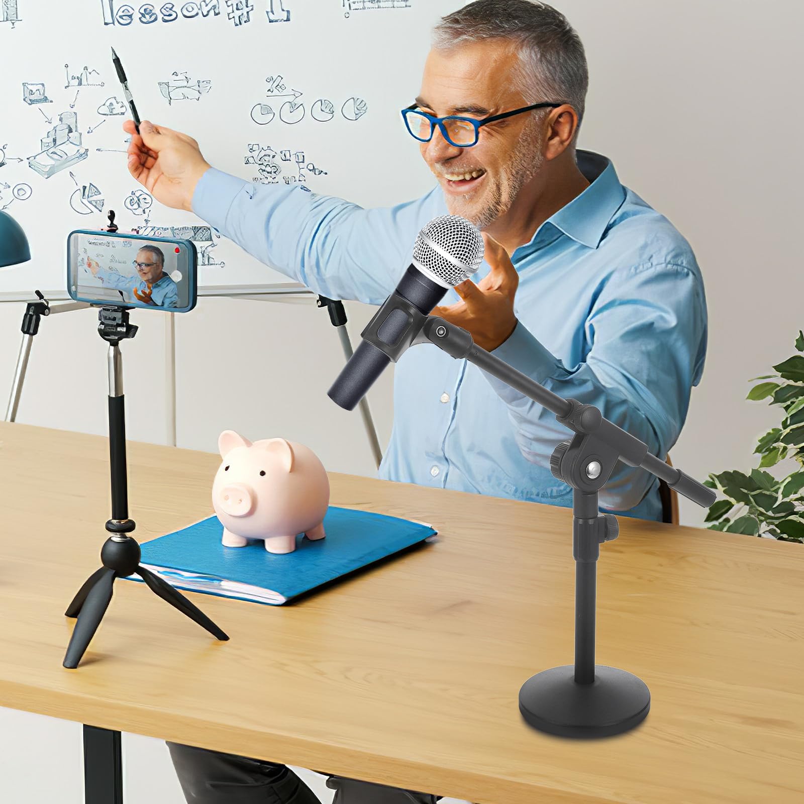 Soporte para Micrófono de Escritorio Ajustable de Hierro Negro | Brazo Regulable, Base Redonda, Estabilidad Mejorada para Mesa, Diseño Compacto con Altura Ajustable