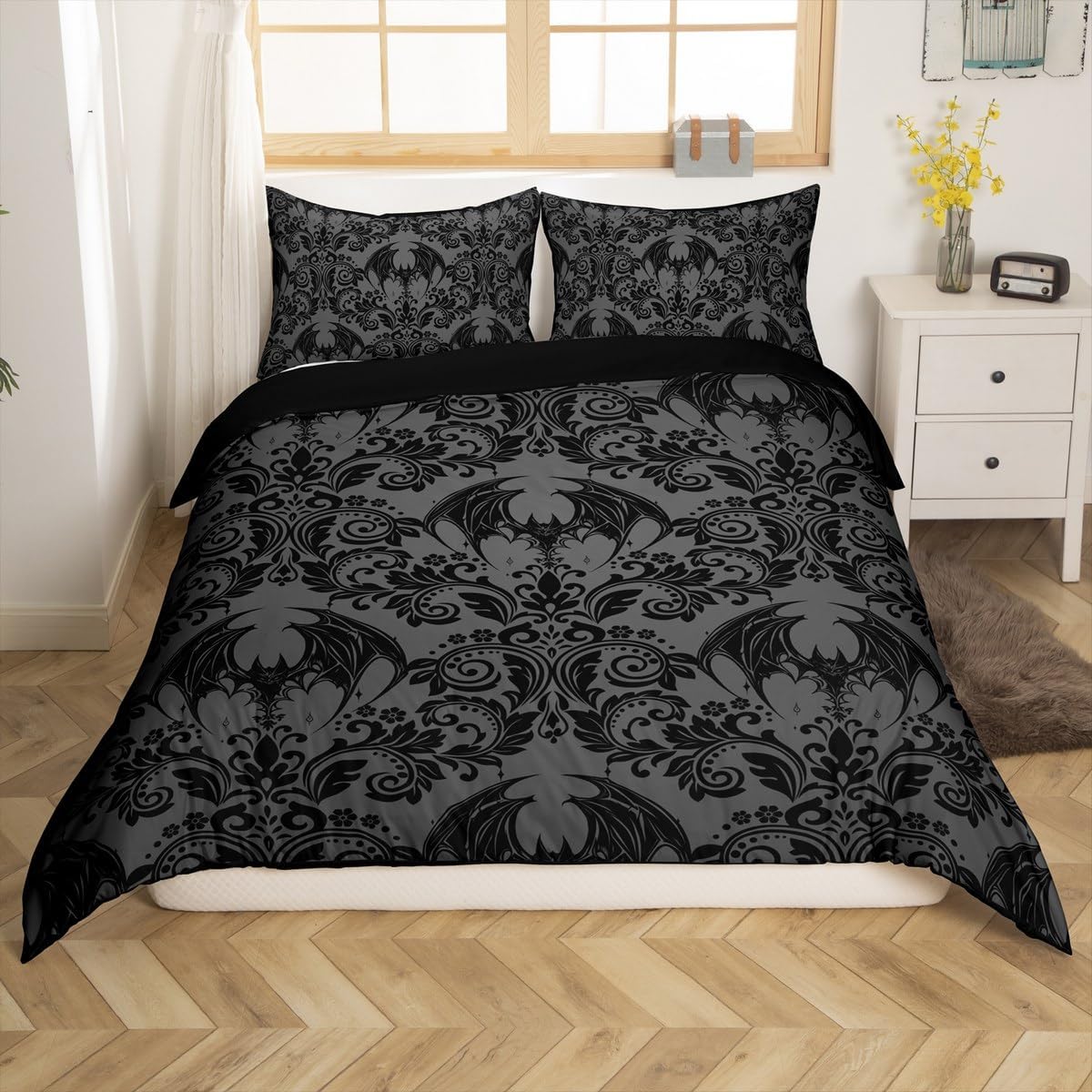 Feelyou Adults Gothic Comforter Cover Queen Size Dark Olive Green Damask Duvet Cover Bat Bohemia Boho Bedding Set Goth Vintage Victorian Baroque Floral Bedclothes,No Stuffing