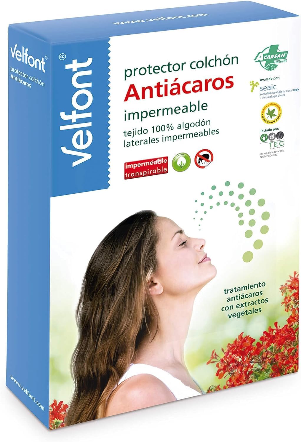 Velfont - Protector colchón Antiácaros Impermeable 80, Blanco