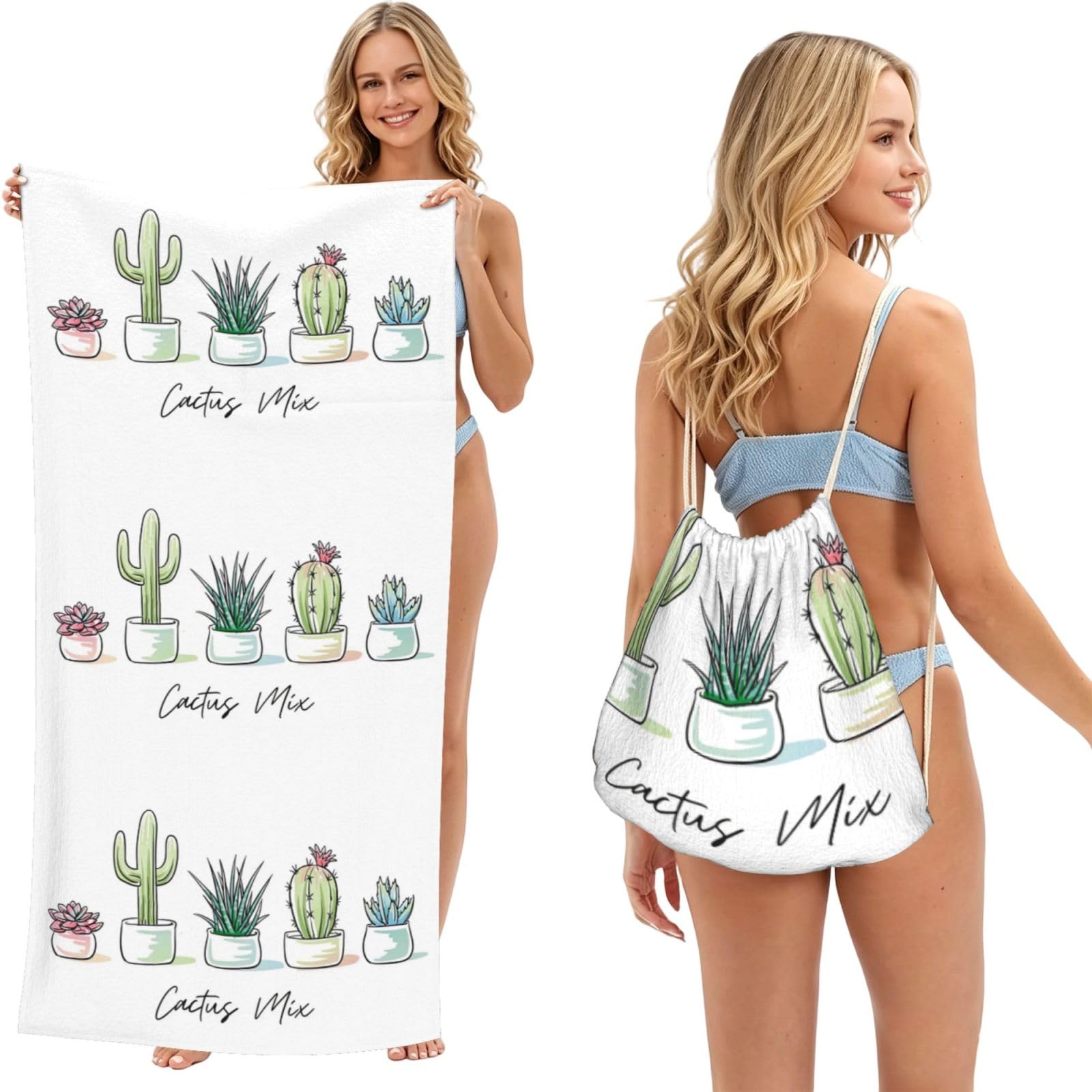Poadnly Cute Cactus Succulent Cacti, 2 in 1 Packable Towel Bag, Beach Towels with Drawstring Backpack for Travel Holiday Camping