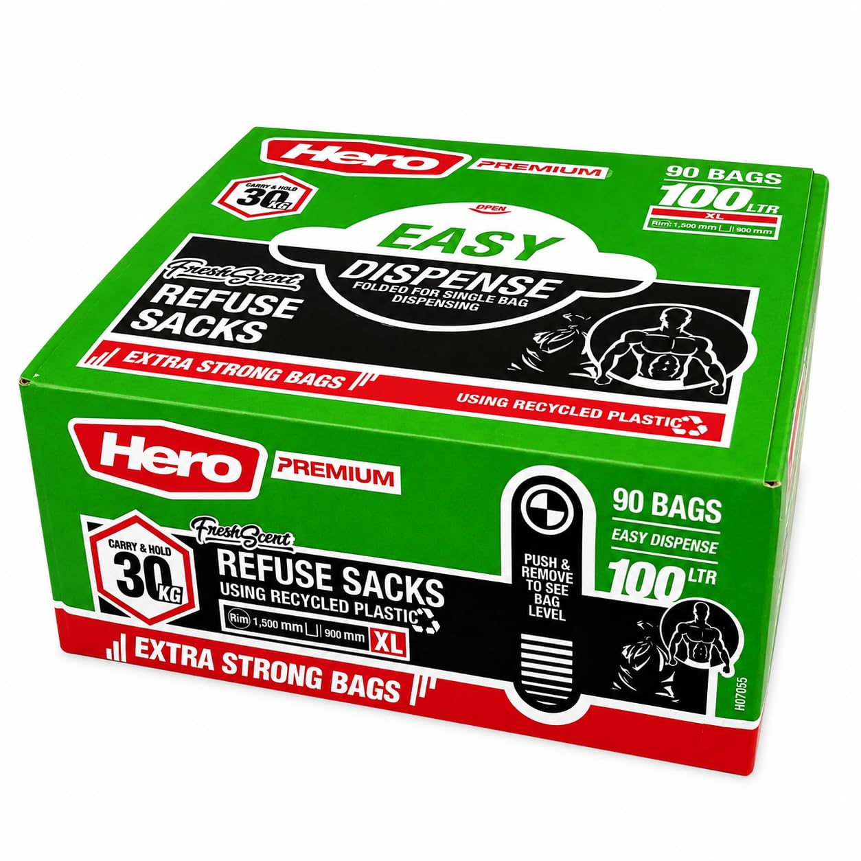 Hero Bolsas de basura perfumadas negras de 100 L, fáciles de dispensar, paquete plano de 90 unidades