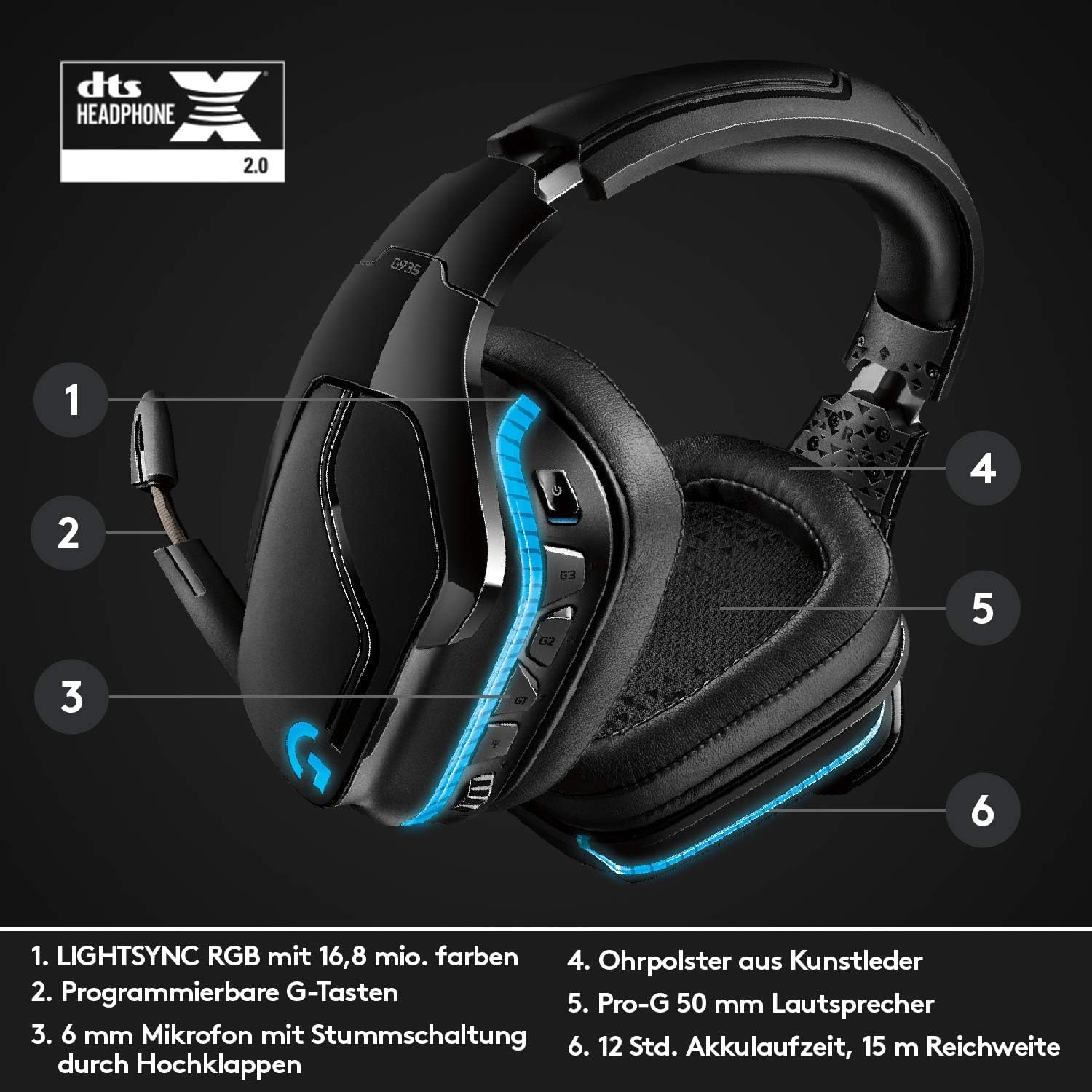 Natur Pur LieferAlles E.C. G935 bezprzewodowy zestaw słuchawkowy do gier z LIGHTSYNC RGB, 7.1 Surround Sound, DTS Headphone: X 2.0, sterownik 50 mm, połączenie bezprzewodowe, PC/Xbox One/PS4/N Switch