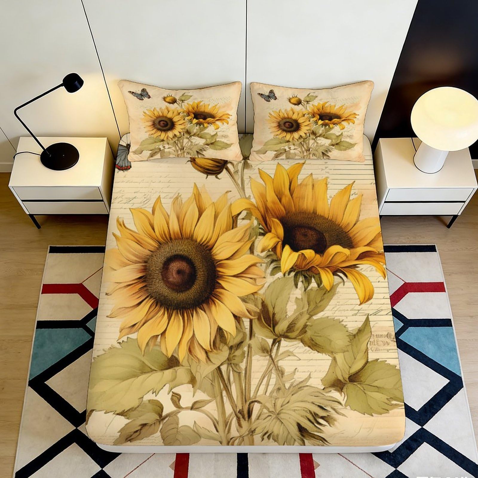 Pnayamiorkfel Style-5 3D Printed Sunflower Vintage Butterfly Fitted Sheet Microfiber Soft Non Slip Bed Cover For Bedroom Guest Room Decor 90X200x25cm
