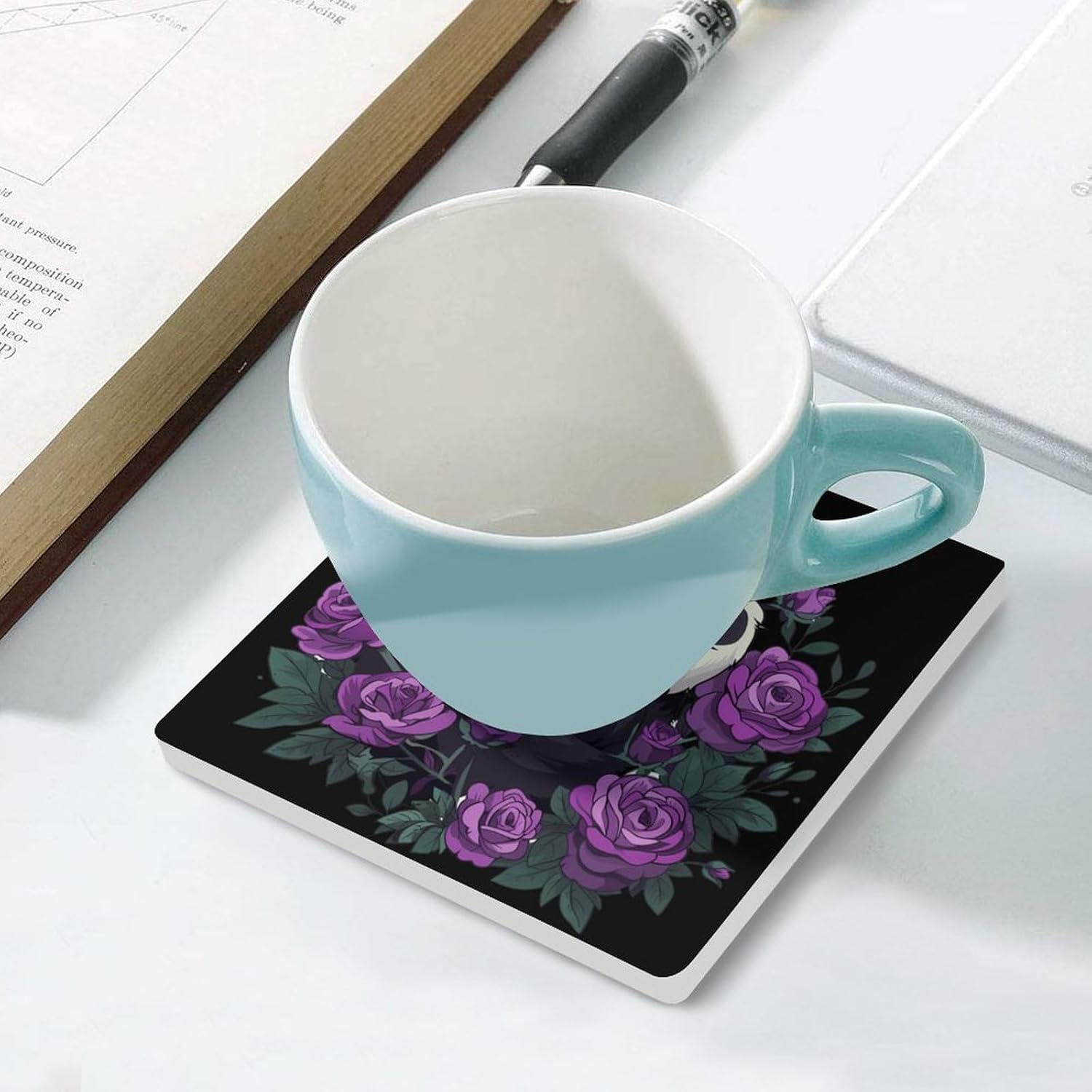 Cute Panda Purple Flowers Coaster for Drinks Square Ceramic Table Coasters Stone Mat Crafts 4PCS Home Kitchen Decor