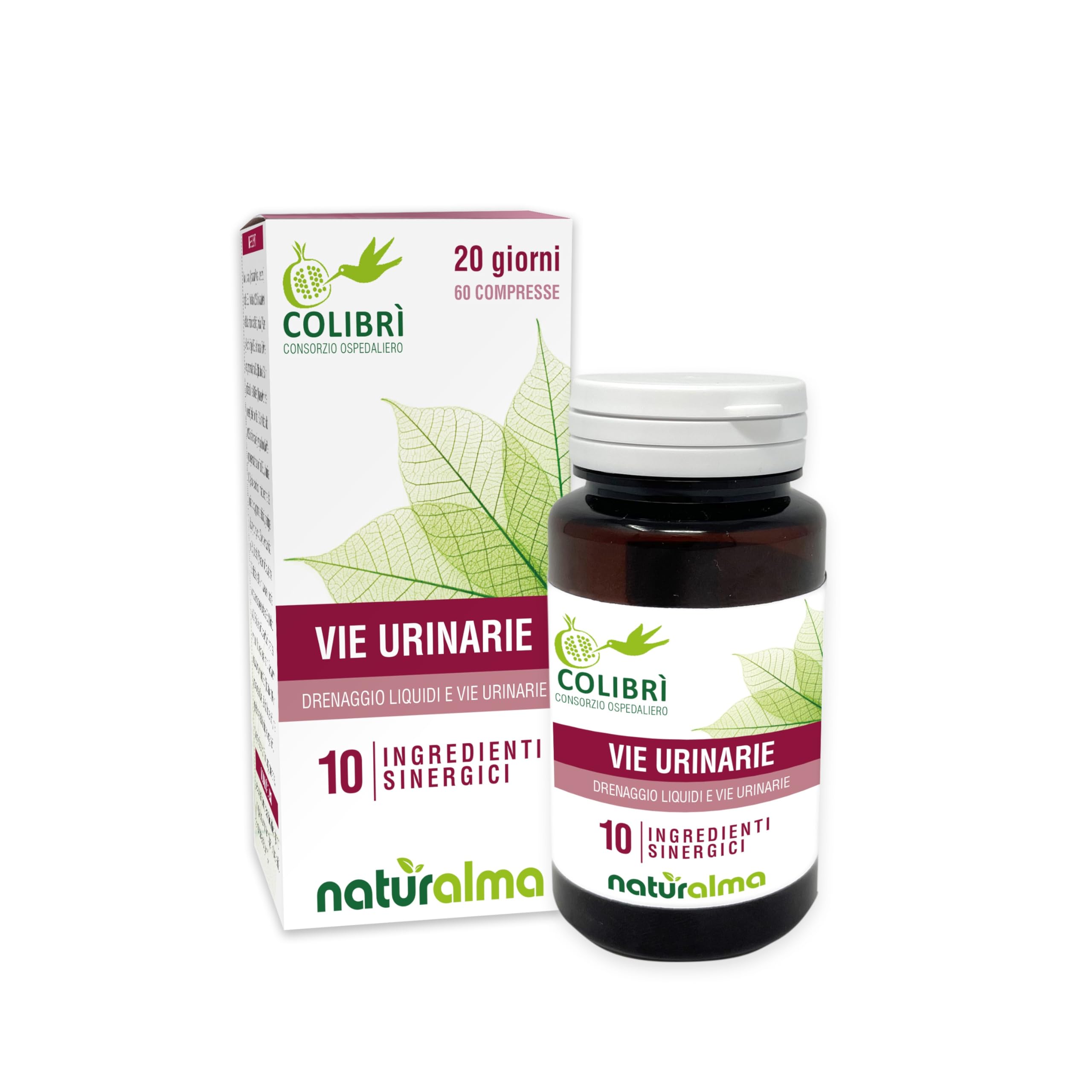 Vie Urinarie Naturalma e Consorzio Colibrì 60 compresse da 1000 mg - Uva ursina, Malva, Echinacea, Tè di giava, Verga d'oro, Cranberry, Pilosella, Uncaria, Vitamina C - Integratore alimentare - Vegano