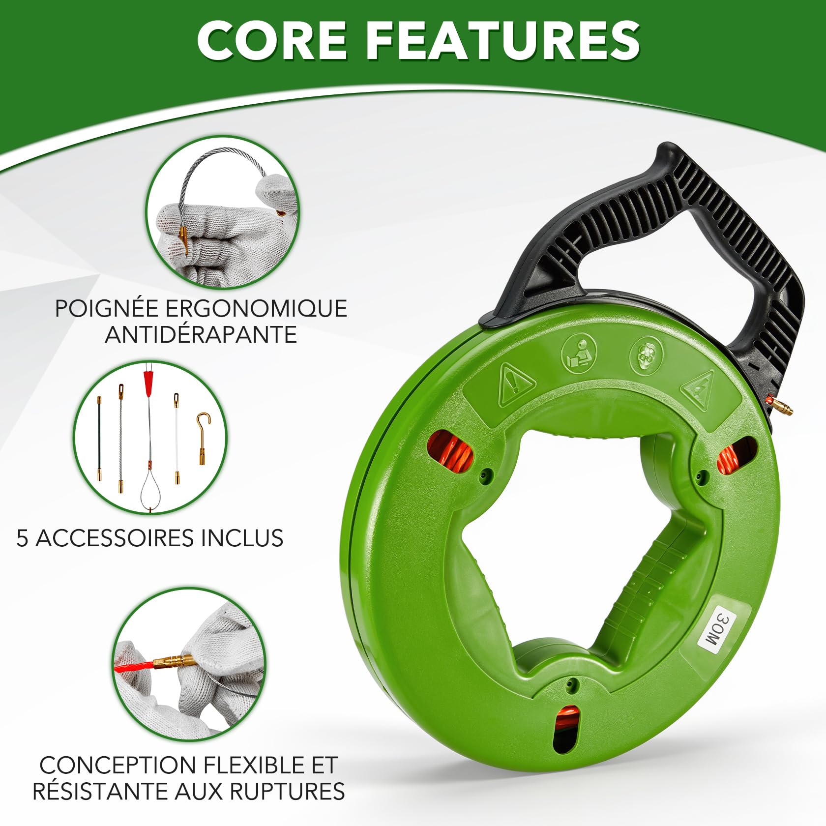 Pindex 30 m Aiguille Electricien 4 mm Tire Fils Cable Electrique avec 5 Adaptateurs pour Tuyaux Vides, Câble d'Alimentation, Câble Réseau, Fibre Optiqueuidage