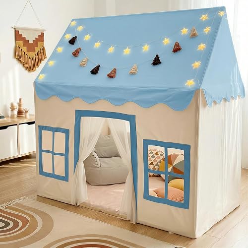 Play Tent with Mat, Star Light Large Kids Playhouse with Windows Easy to Wash, Indoor and Outdoor Play Tents for Kids, Little Dove Toys for Girls, Boys, 47x40x52 (Blue Playhouse, Large Size)