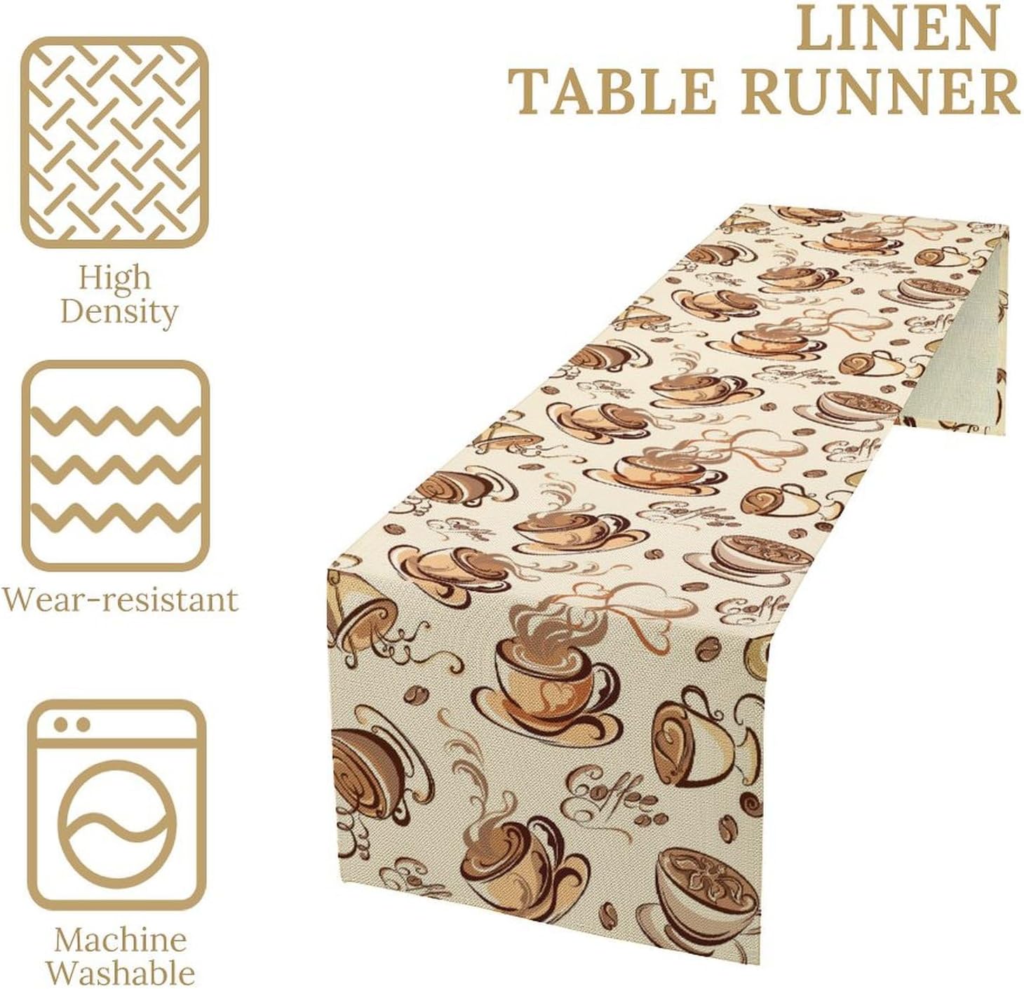 Coffee Theme Table Runner Coffee Time Retro Pattern Decor for Indoor Outdoor Party Dinner Festival Farmhouse Holiday Dining Room Home Kitchen Restaurant Cafe, 13x108in