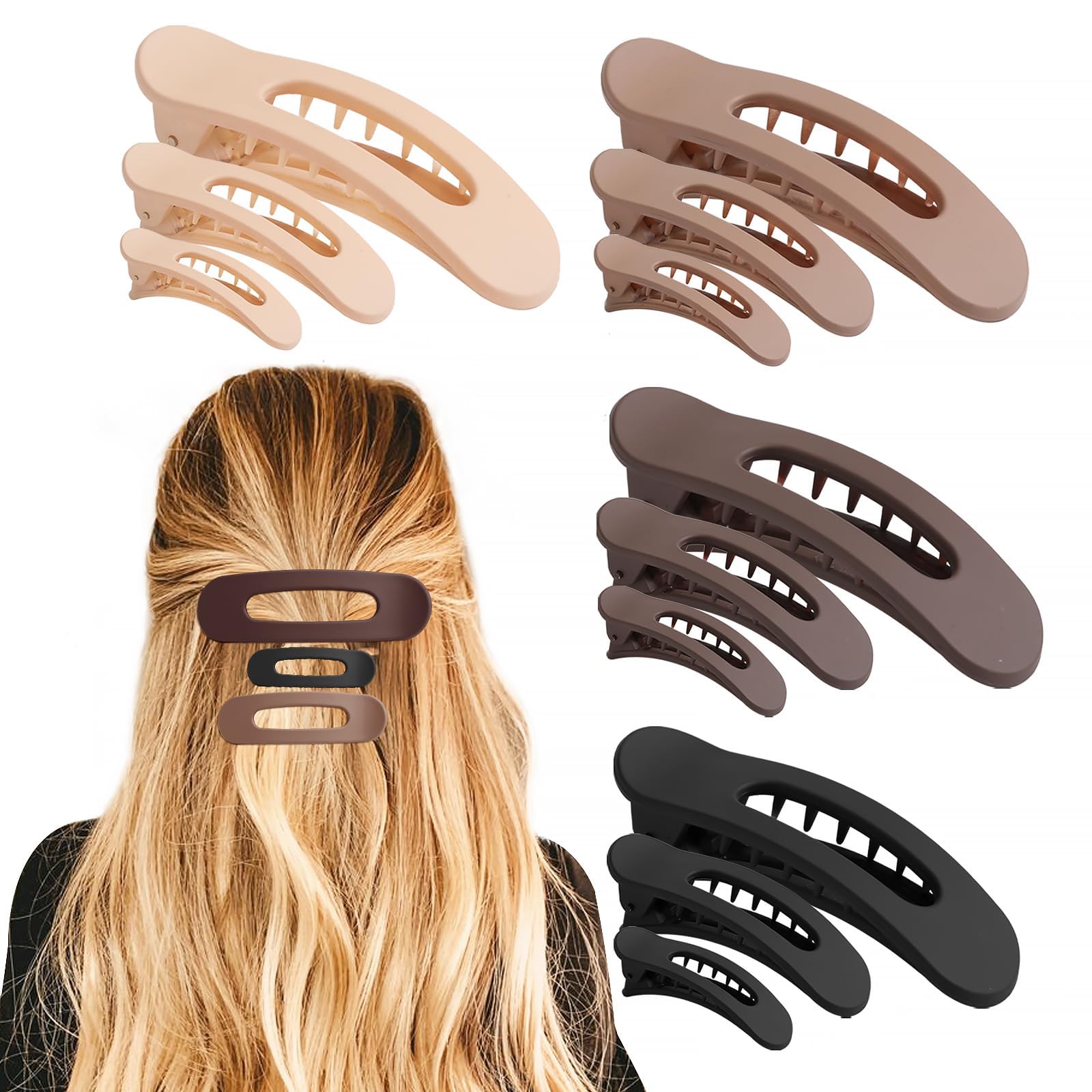 12PCS Flat Hair Clips, Flat Claw Clips for Thin Hair, Matte Lay Down Claw Clips for Women, 3 Sizes Alligator Hair Clips, Hair Accessories, Brown