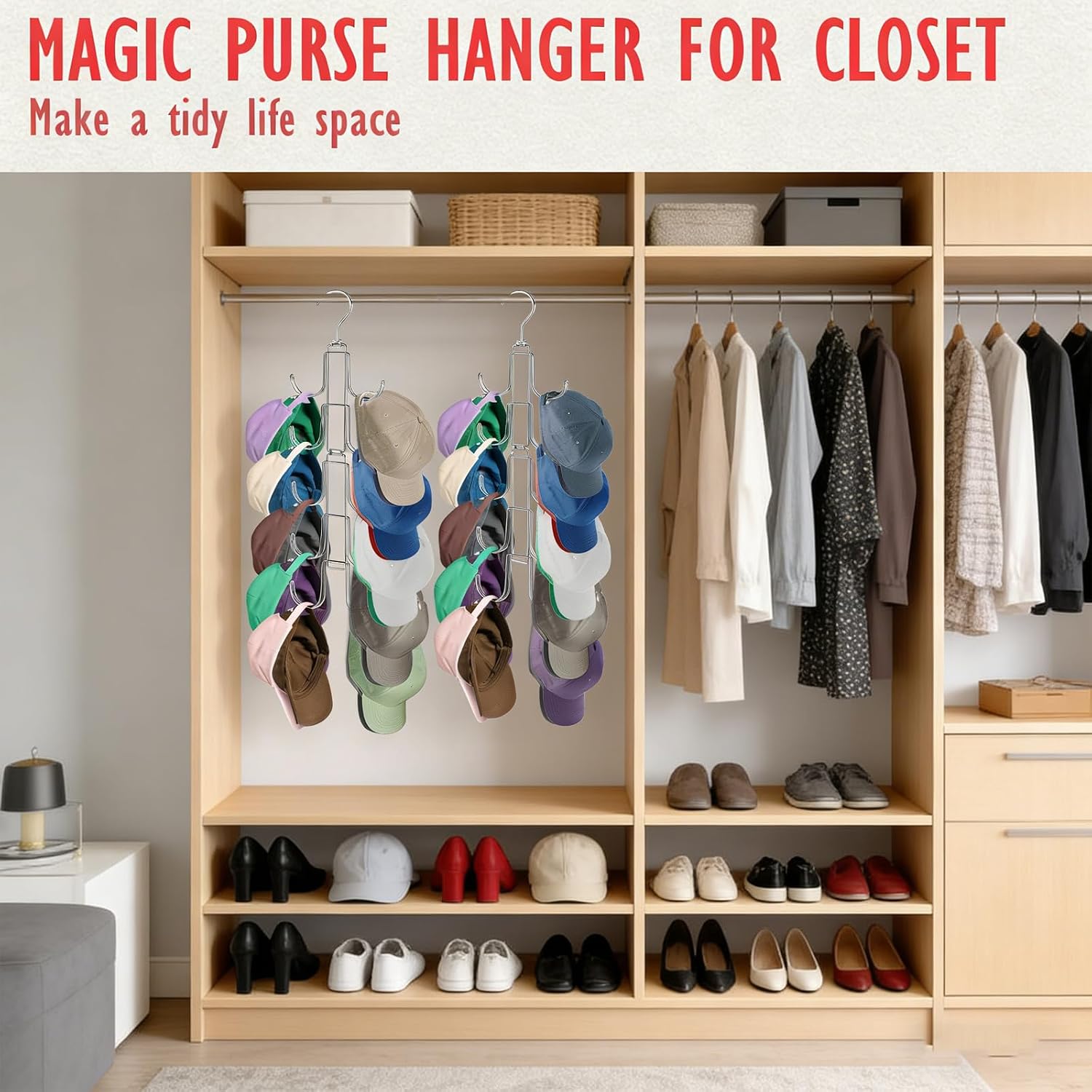 Hat Saver Collapsible Caps Rack with 10 Rotatable Large Hooks, Space-Saving Storage for Hat Closet Hat Rack, Metal Collapsible Space Saving Organizer for Baseball Caps, Beanies, Scarves, Handbags