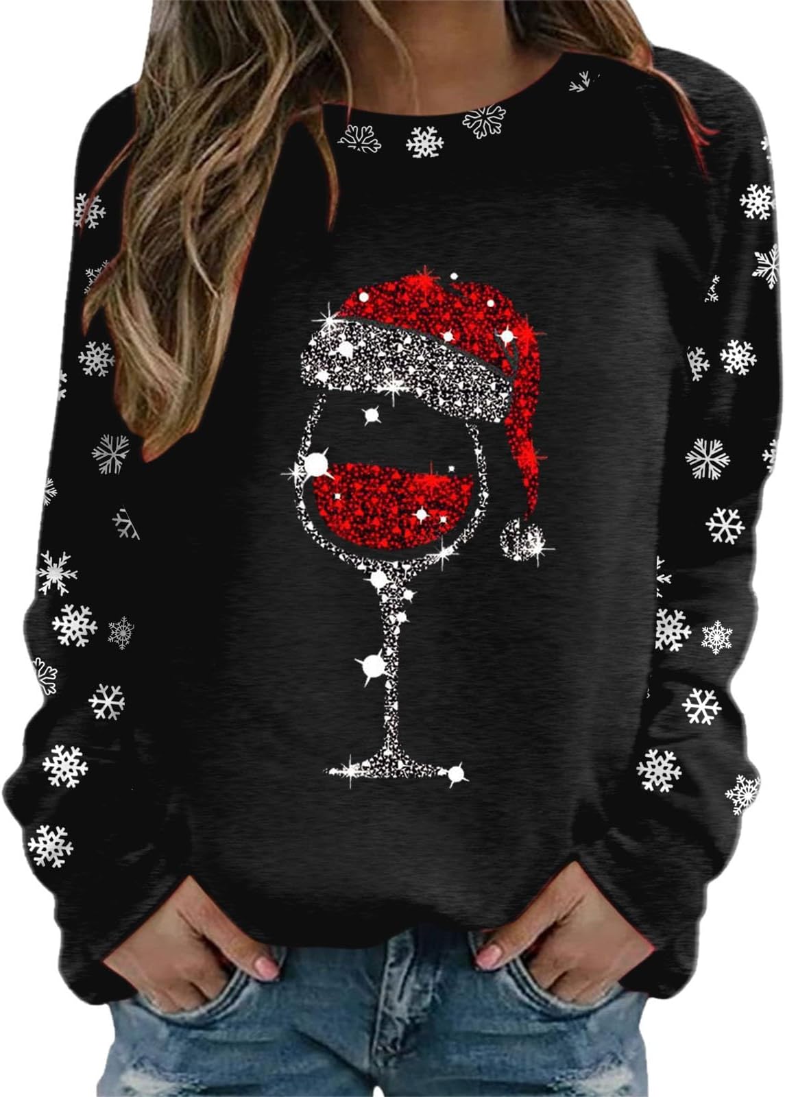 TTNTTRChristmas Jumpers For Women Wine Glass Graphic Print Sweatshirts Tops For Women UK Oversized Long Sleeve Round Neck Xmas Pullover Jumper Autumn Casual Hoodies Loose Plus Size Blouses Sweatshirt