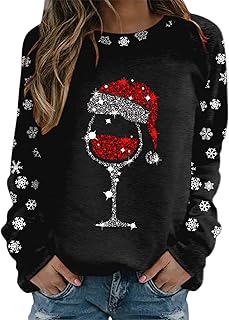 Generic Ladies Christmas Jumpers Merry Christmas Wine Glass Print Xmas Sweatshirts Holiday Fleece Xmas Sweater Loose Round Neck Fit Tunic Pullover Christmas Tops Blouse Basic Casual Comfortable Warm Hoodies