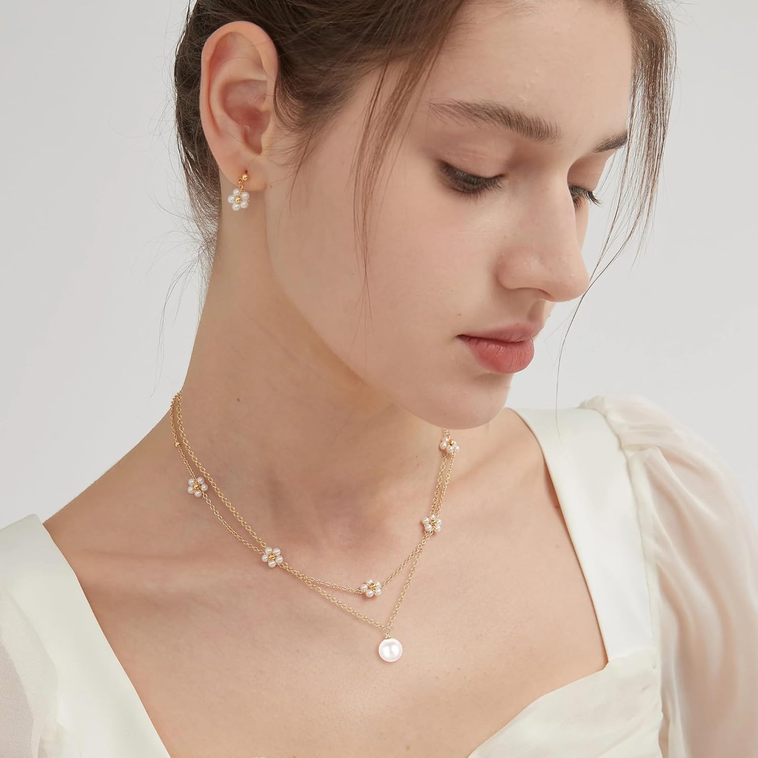 Pearl Necklaces for Women, Gold Pearl Choker Single Pendant Necklace Layered Daisy Jewelry as Gifts for Galentines Day, Wedding Strands for Bride Bridesmaids - Image 5