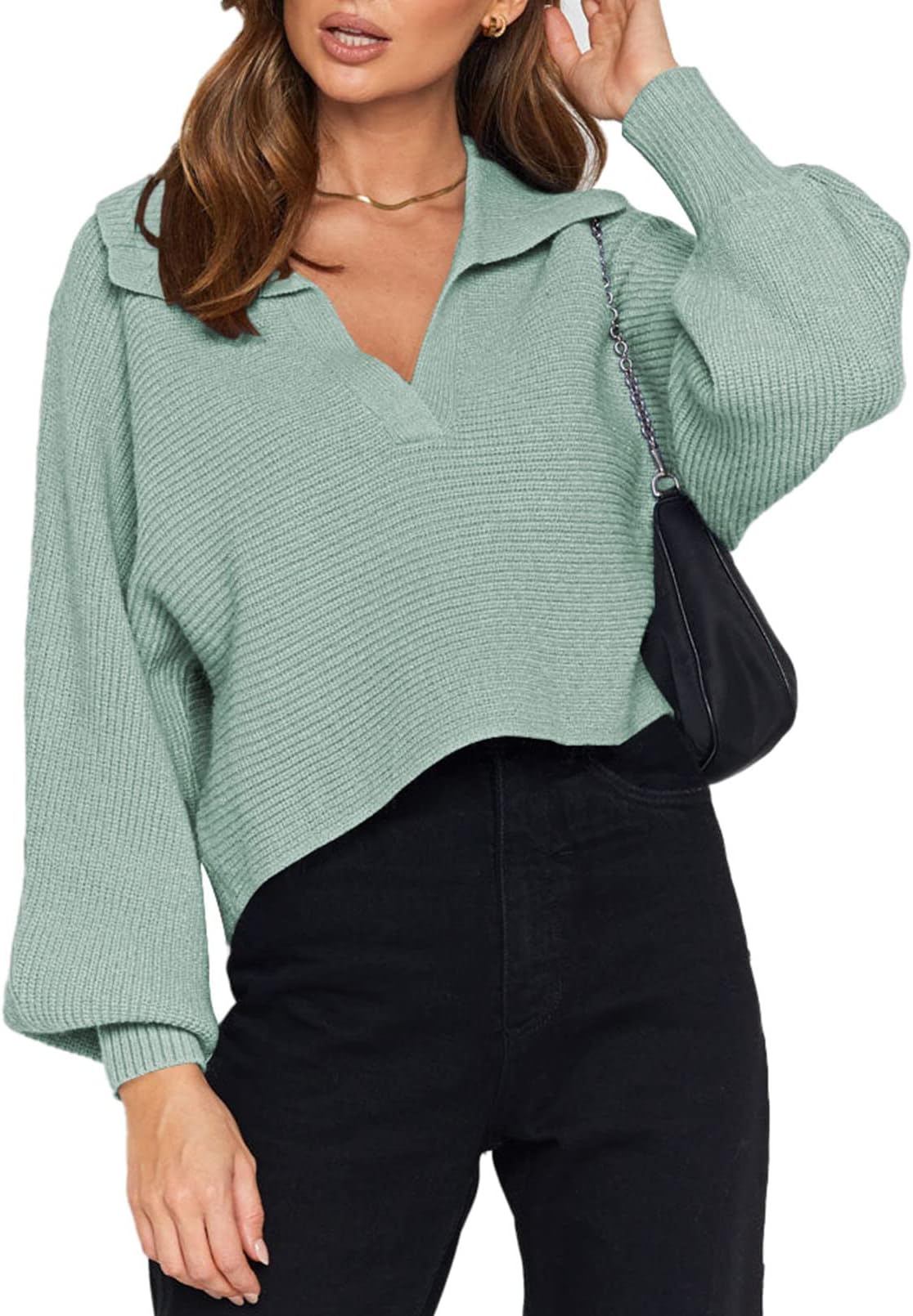 KisscynestWomen's V Neck Cropped Sweater Lantern Sleeve Ribbed Knit Lapel Collar Pullover Top Loose Fit