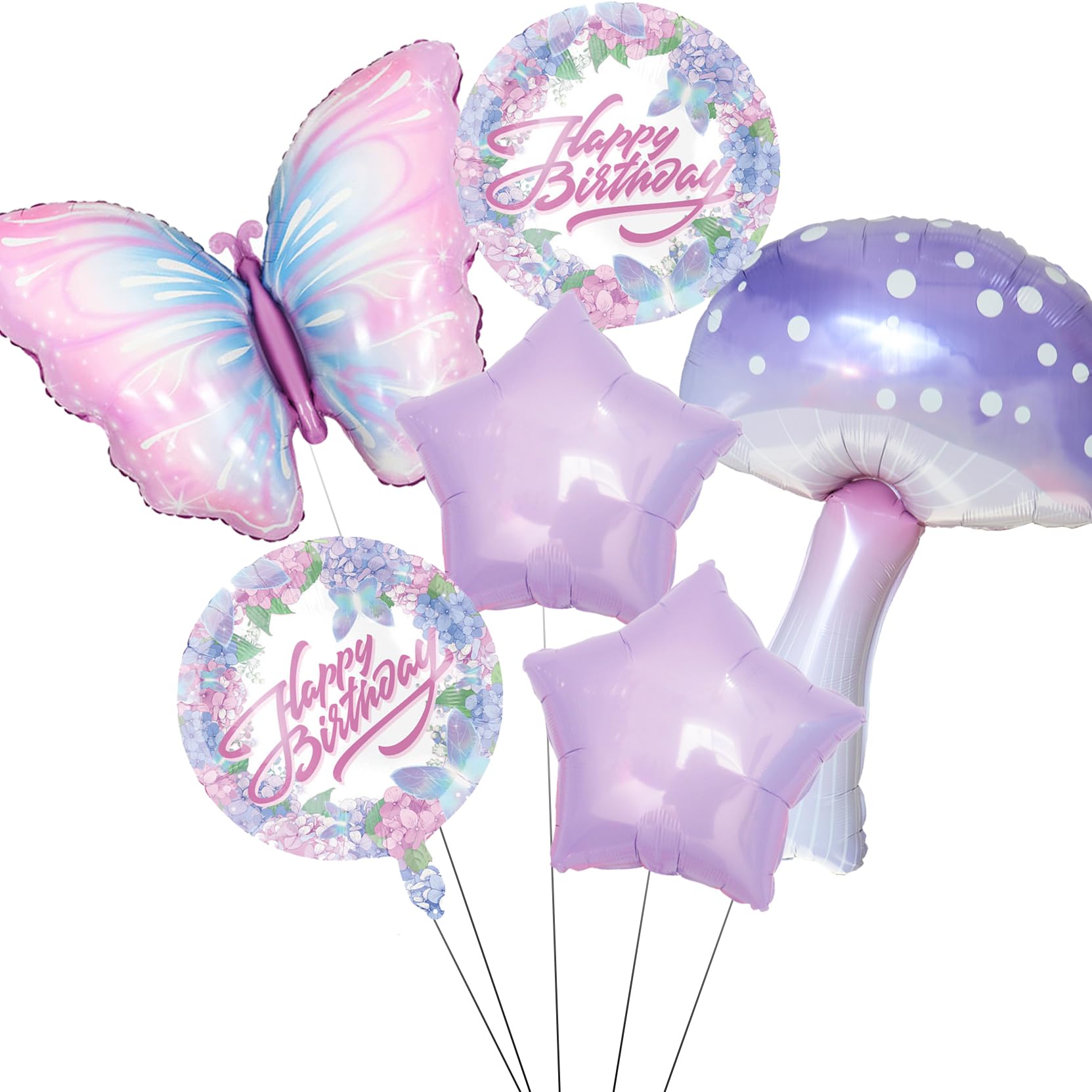 Butterfly Fairy Birthday Balloon Set/Pastel Purple Mushroom Star Fairy Balloons with Happy Birthday Floral Round Balloons,Fairy Garden Party