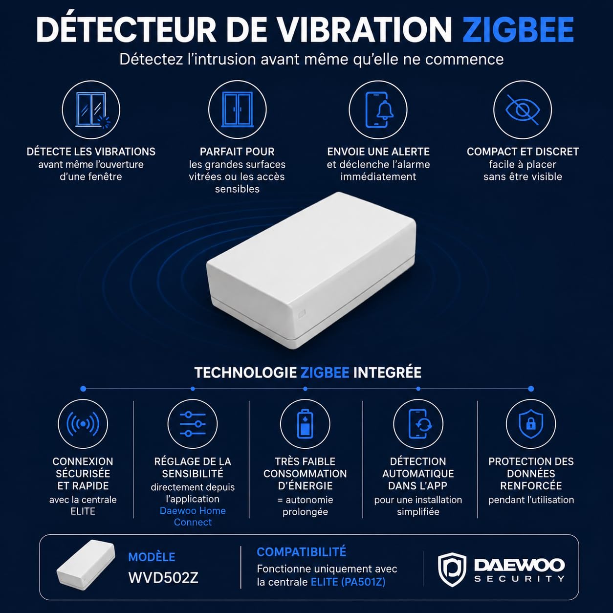 Daewoo Détecteur Vibration Anti-Bris de Glace Zigbee WVD502Z – Pack de 3 – Compatible Centrale Elite PA501Z – Notification App Daewoo Home Connect – sans Abonnement