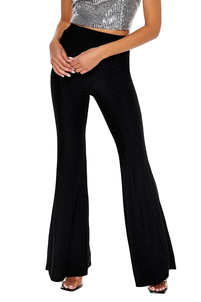 Forever 21 Women's Glitter High-Rise Flare Pants Black X